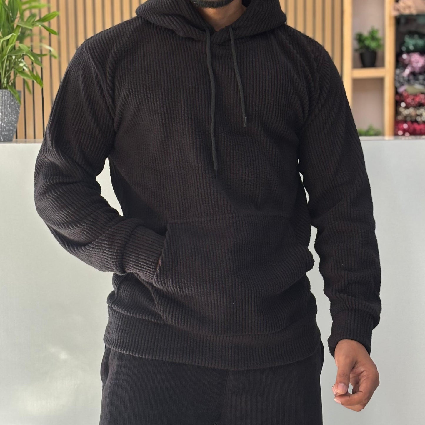 Textured Cord Fleece Hoodie Black