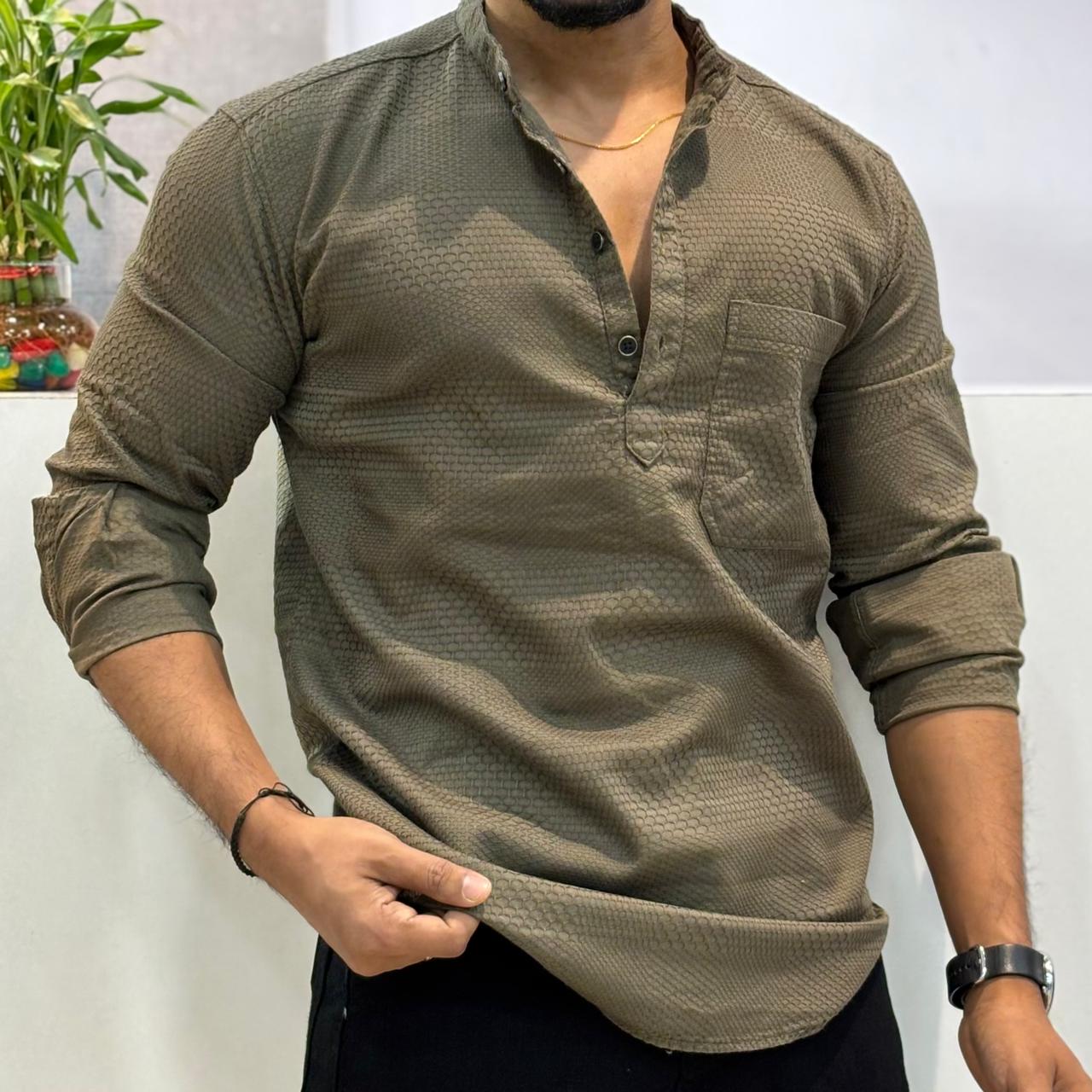 Olive Green Honey Texture Short Kurta