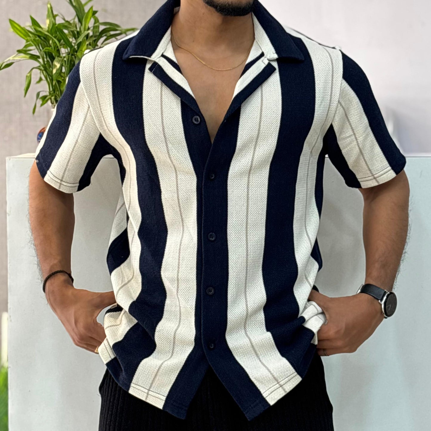 Cuban Collar Navy Blue Striped Half Shirt