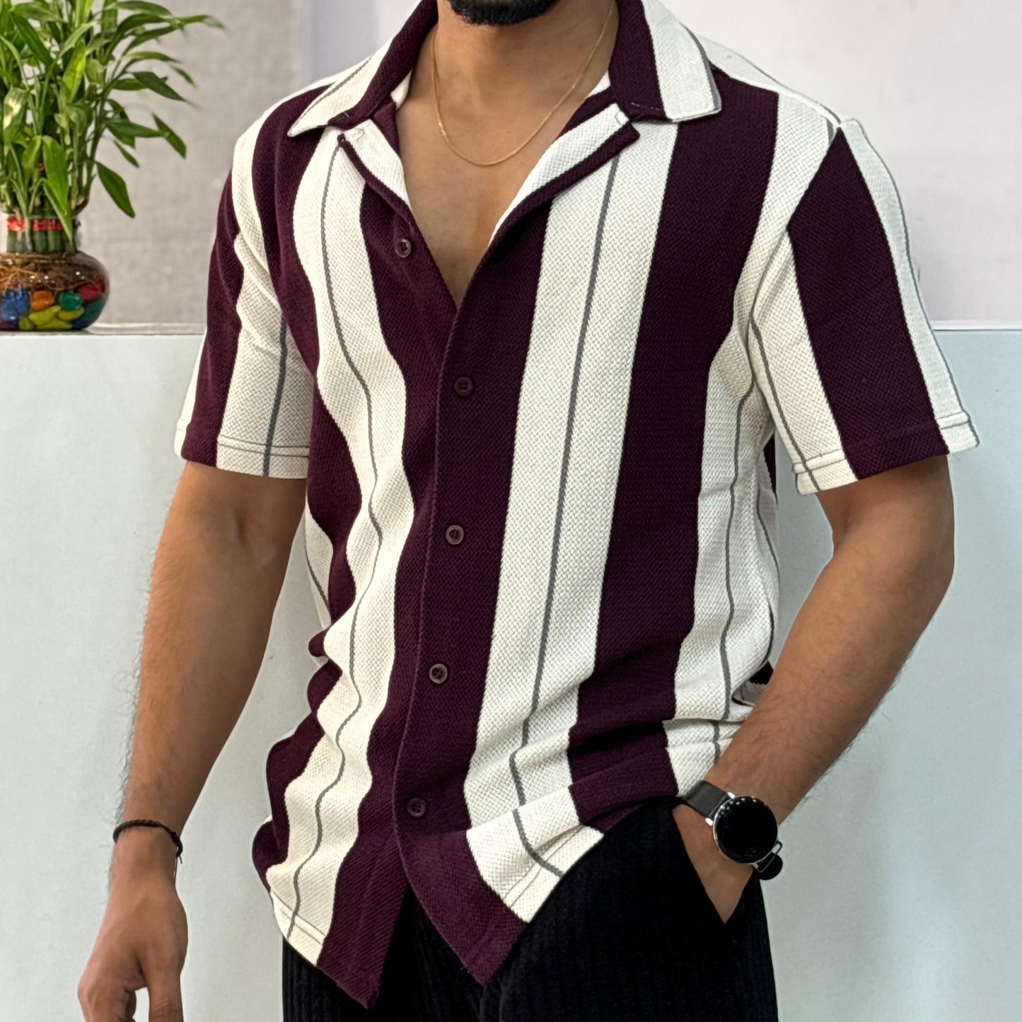 Cuban Collar Maroon Striped Half Shirt