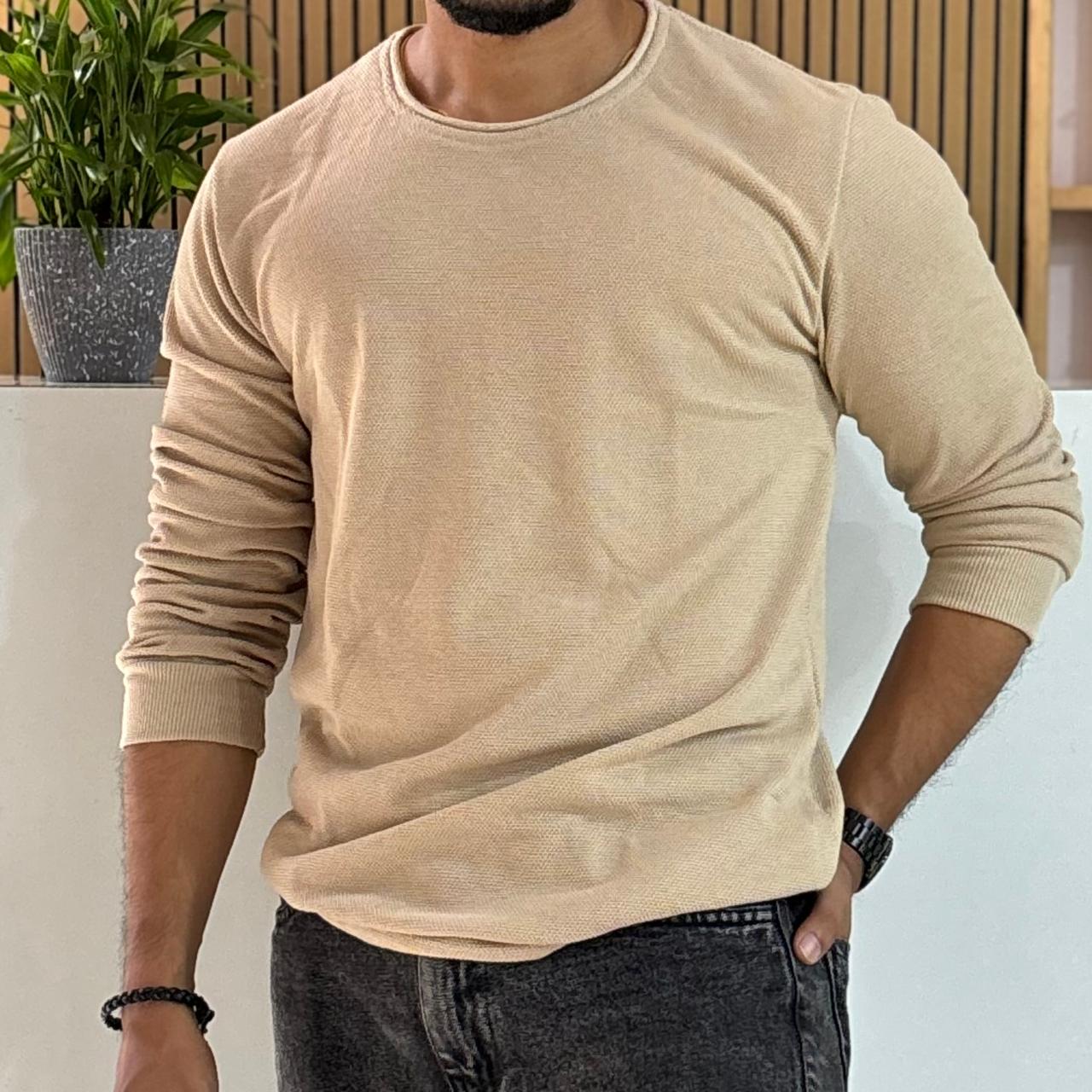 Beige Solid Crew Neck T-shirt