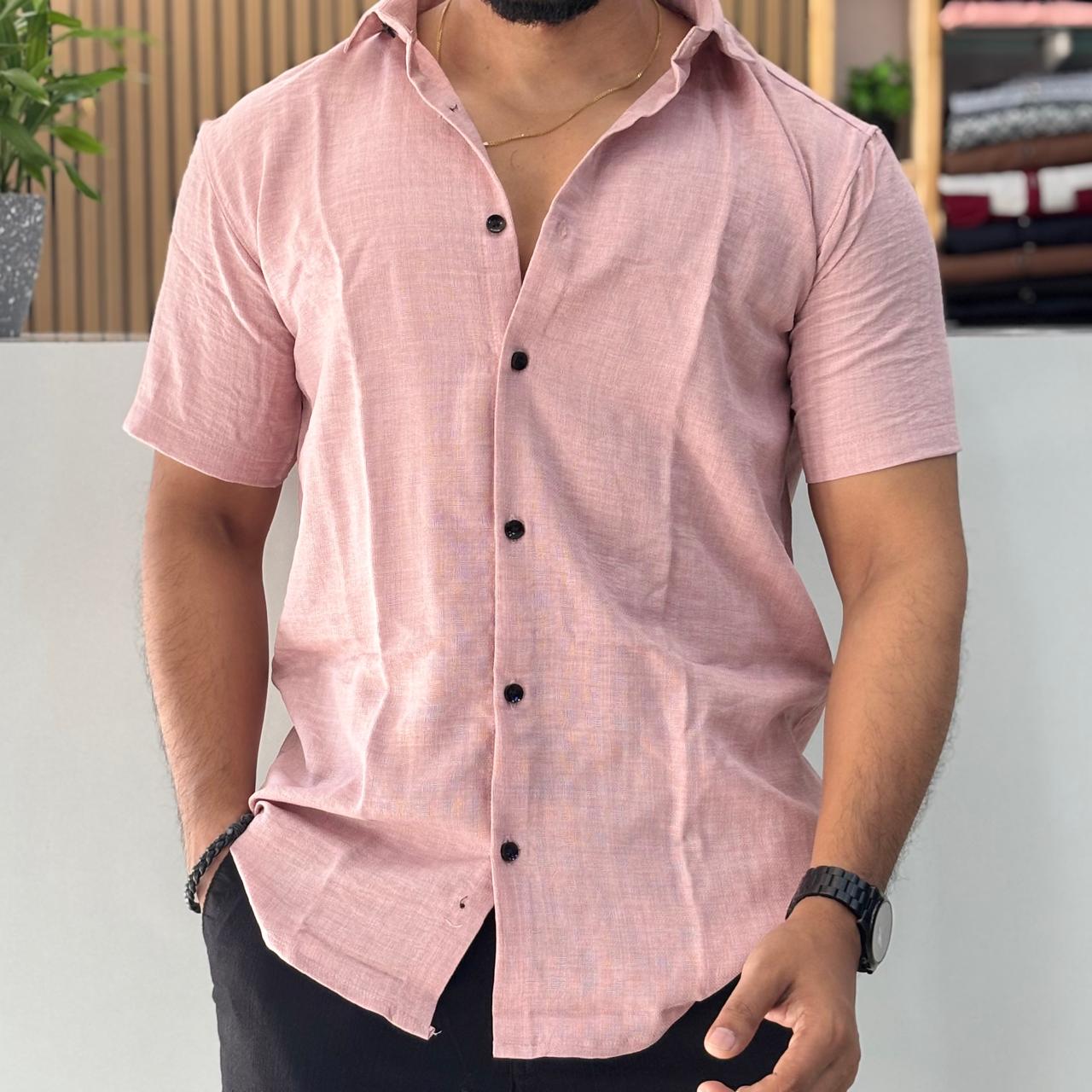 Linen Blend Half Sleeve Shirt Light Pink