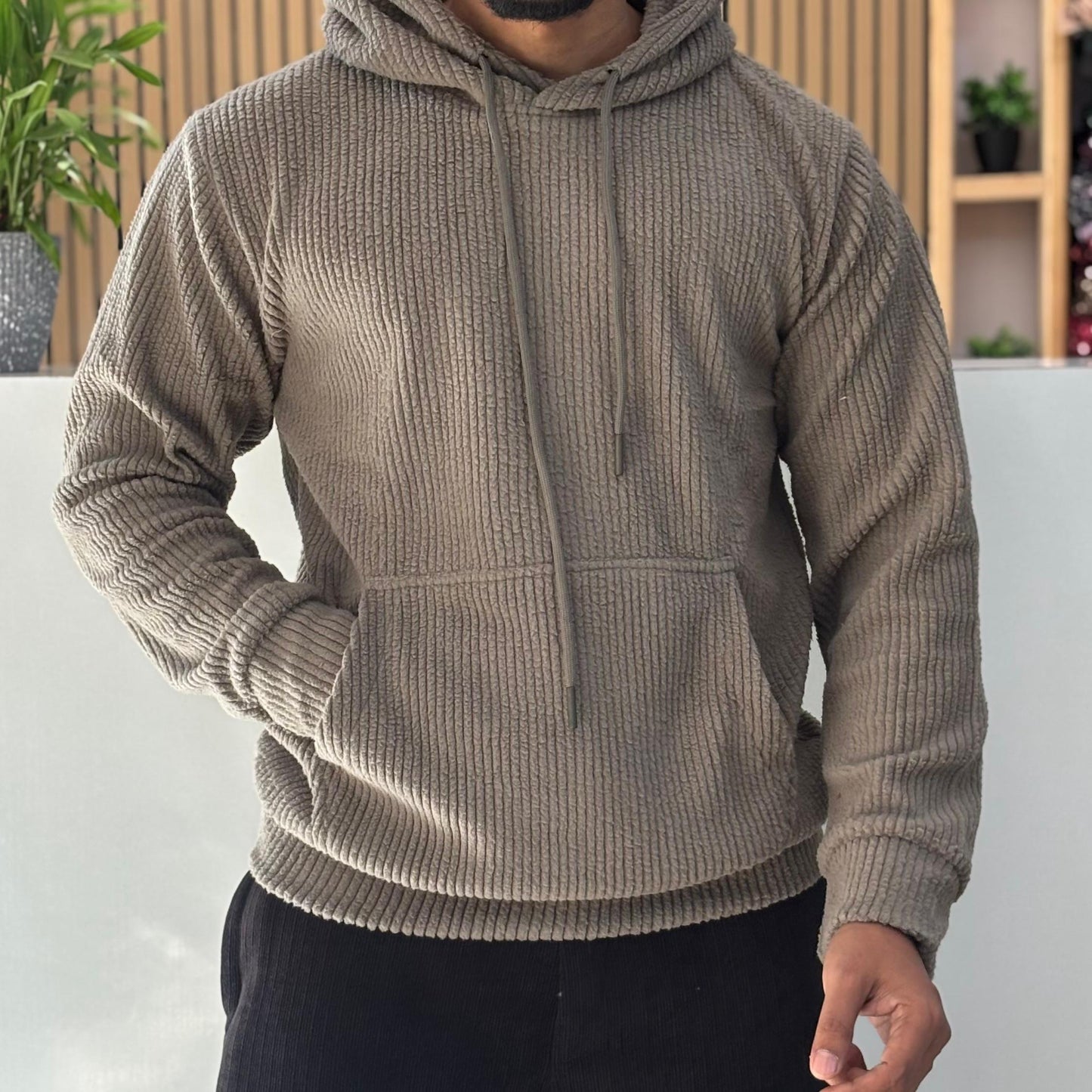 Textured Cord Fleece Hoodie Grey
