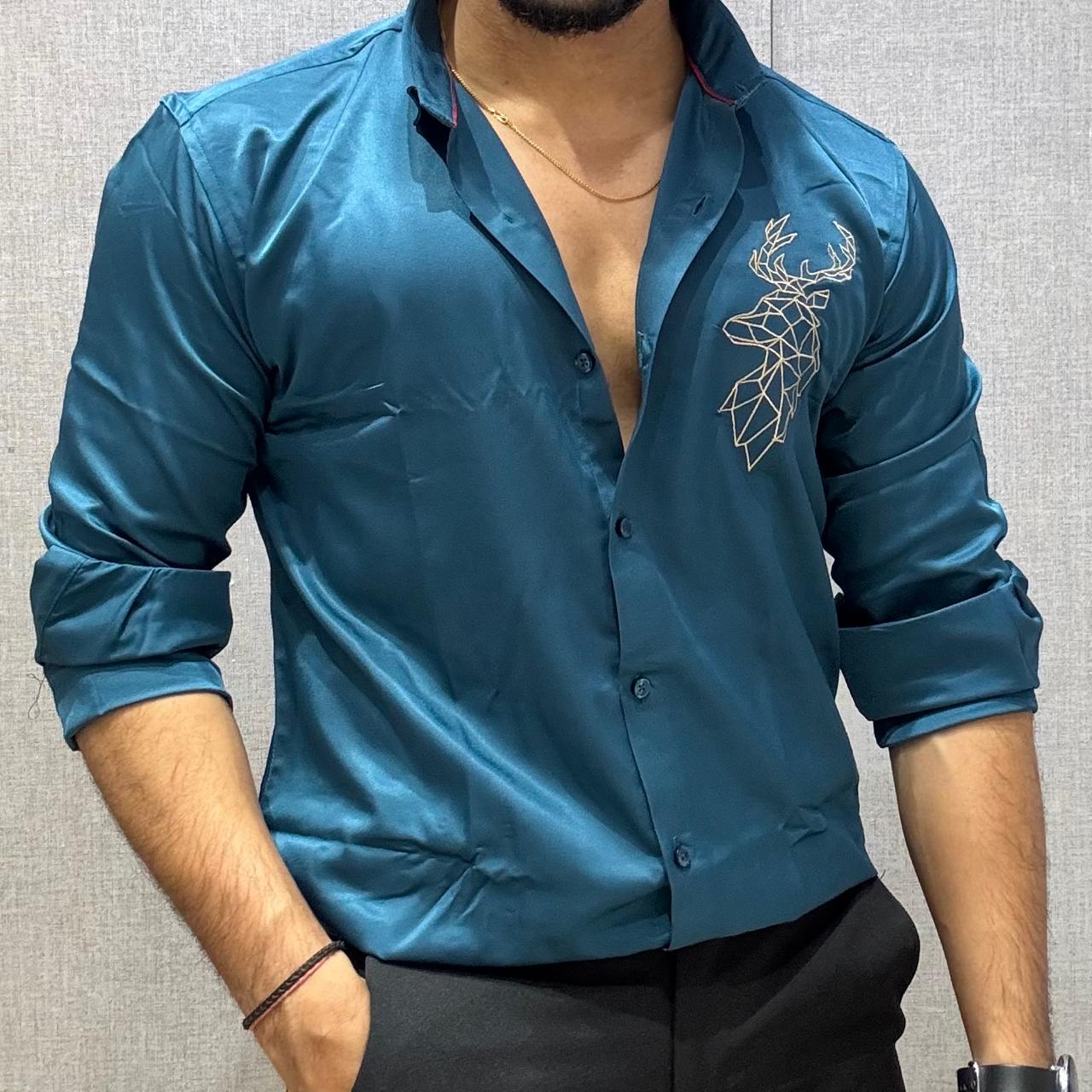 DEER EMBROIDERED TEAL COTTON SATIN SHIRT