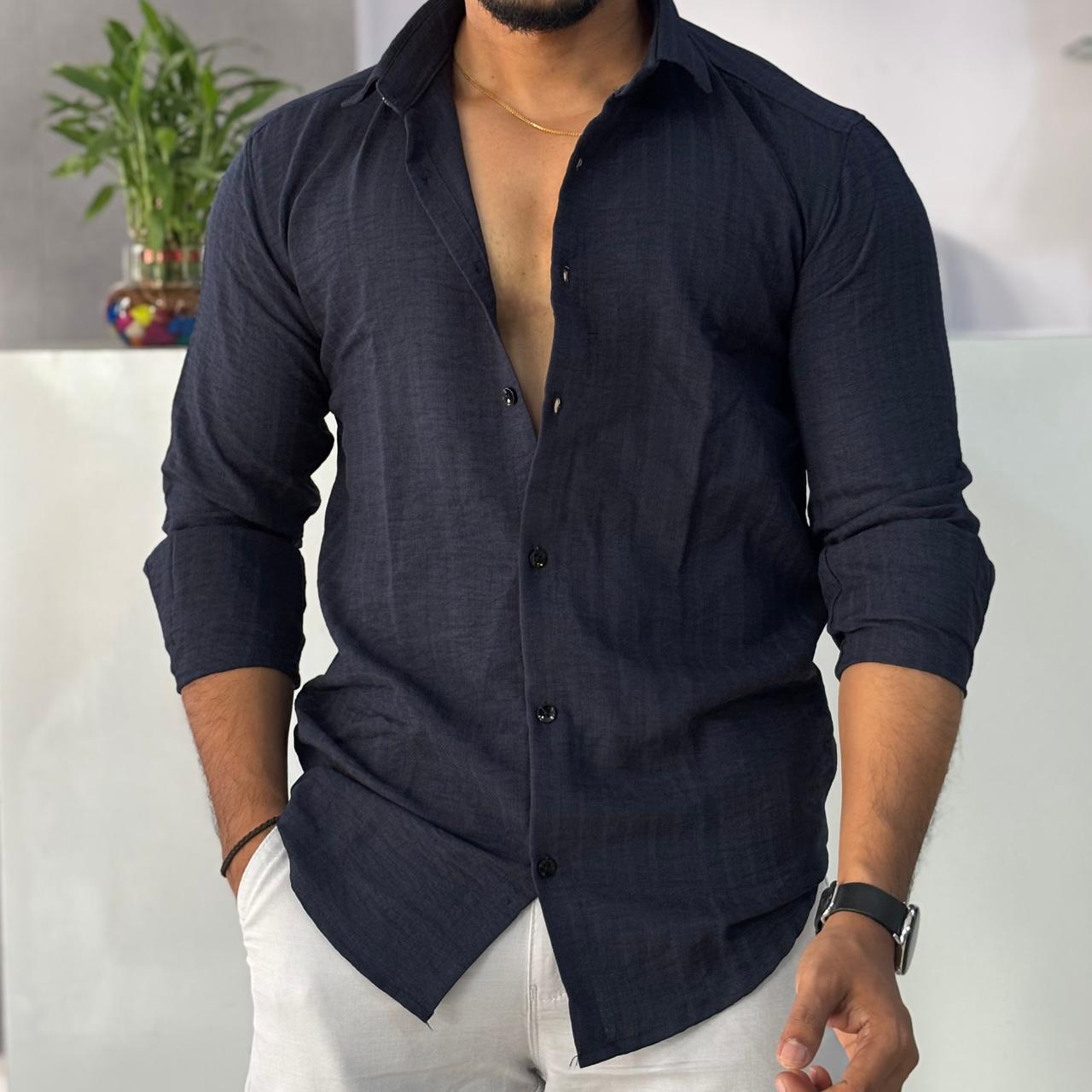 Linen Blend Navy Blue Shirt