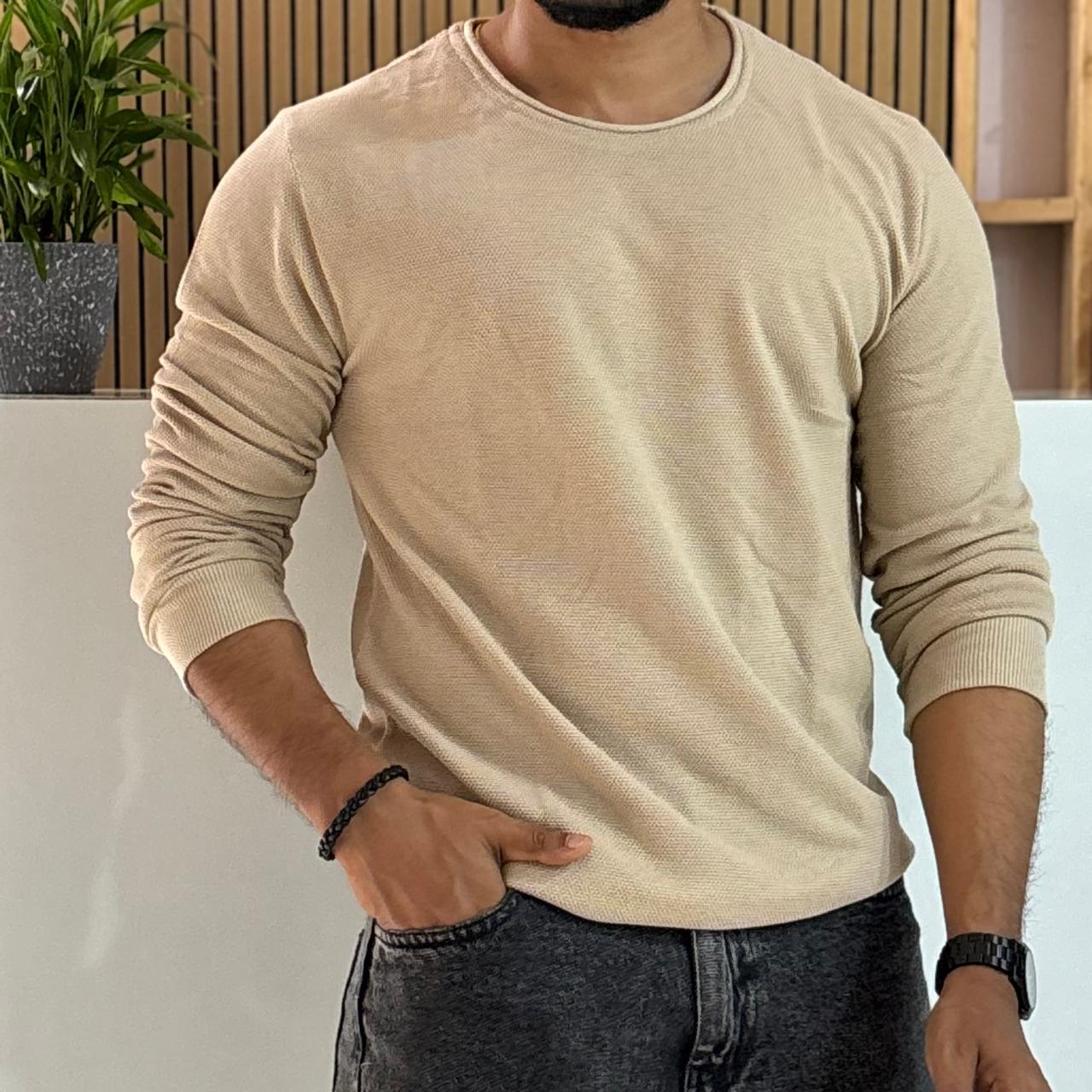 Beige Solid Crew Neck T-shirt