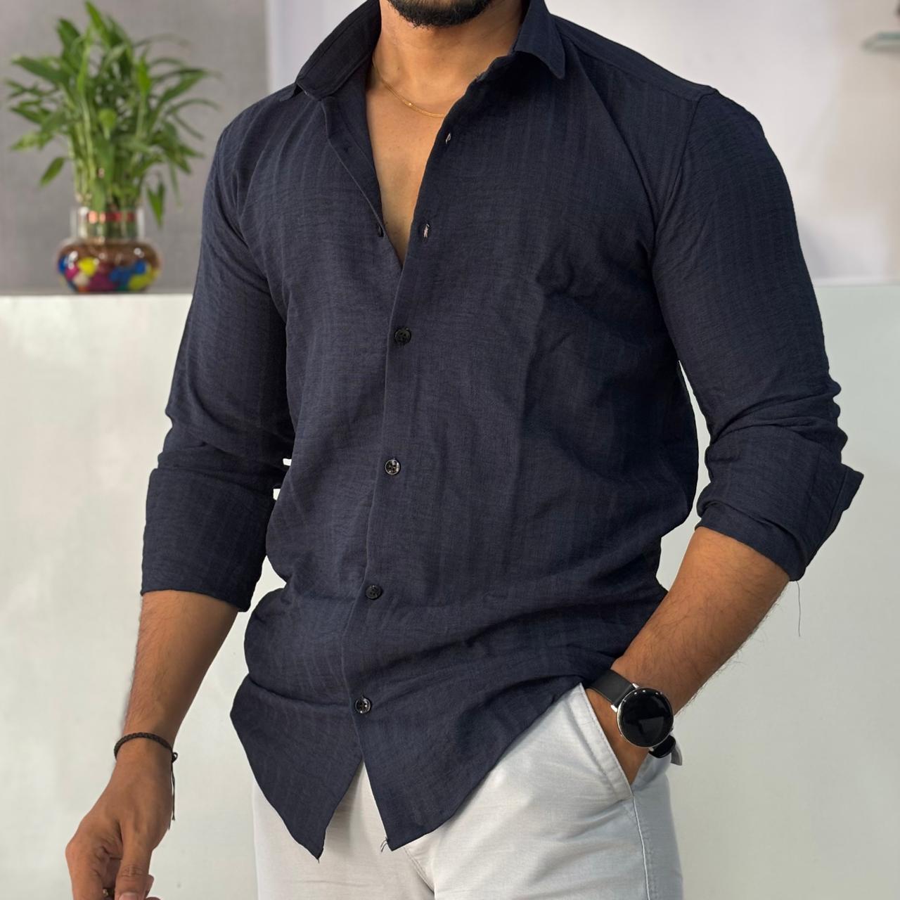 Linen Blend Navy Blue Shirt