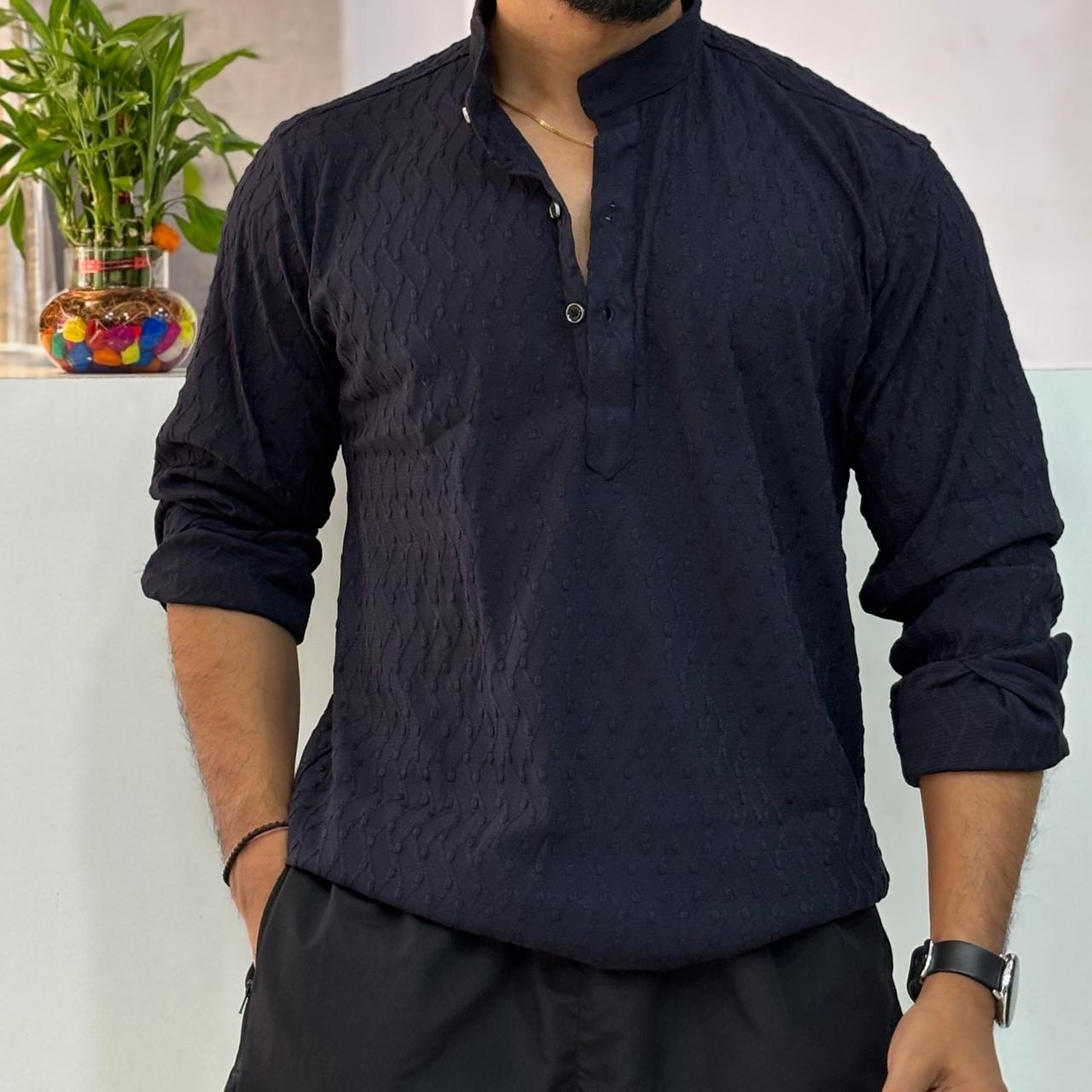 IMP Navy Blue Texture Short Kurta