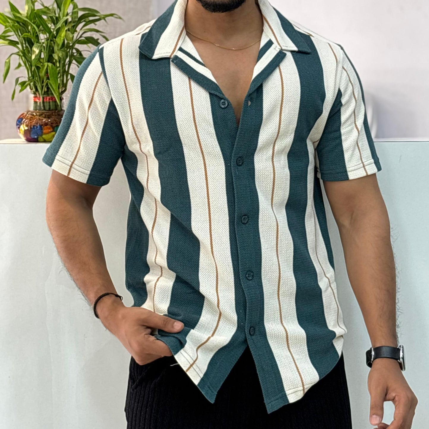 Cuban Collar Green Striped Half Shirt