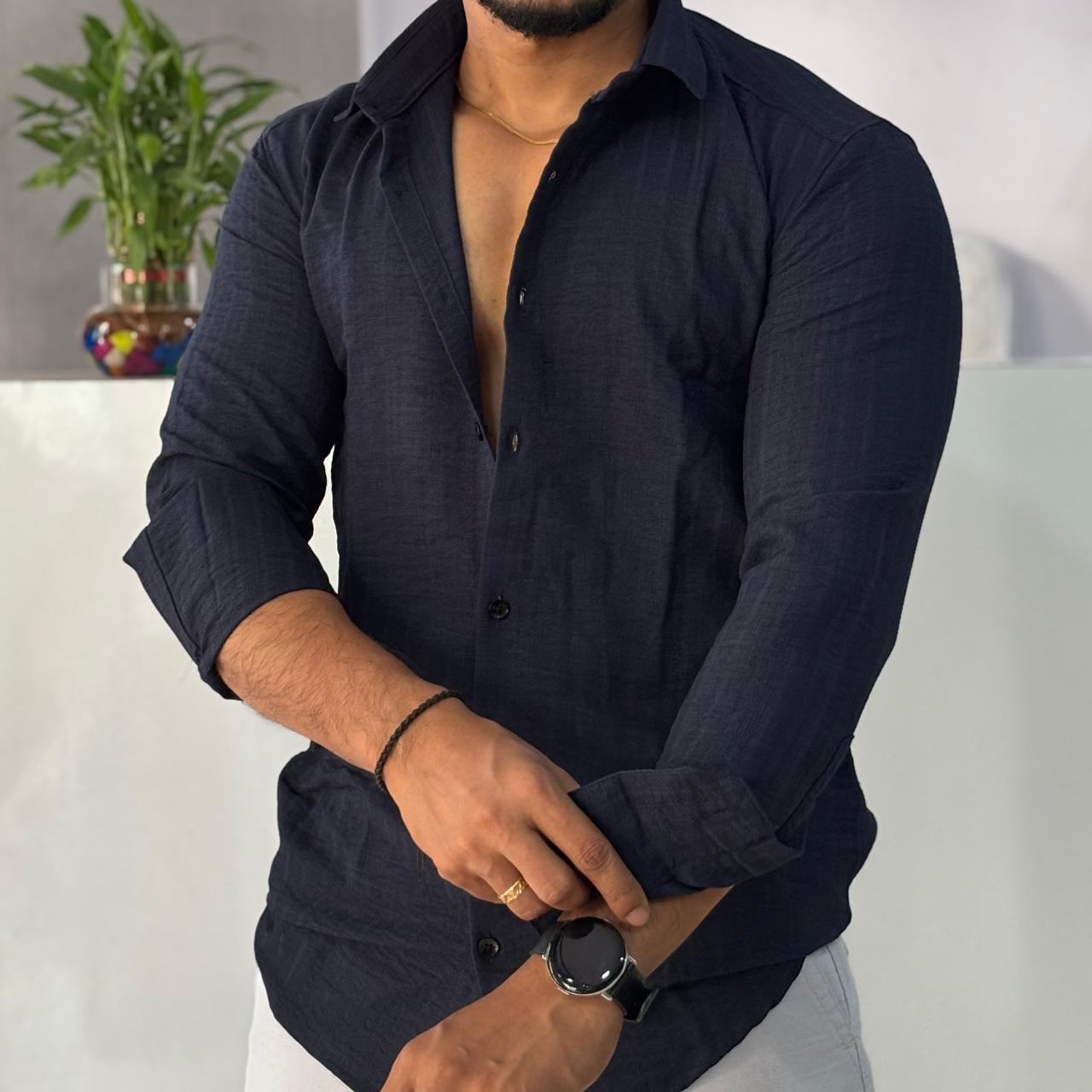 Linen Blend Navy Blue Shirt