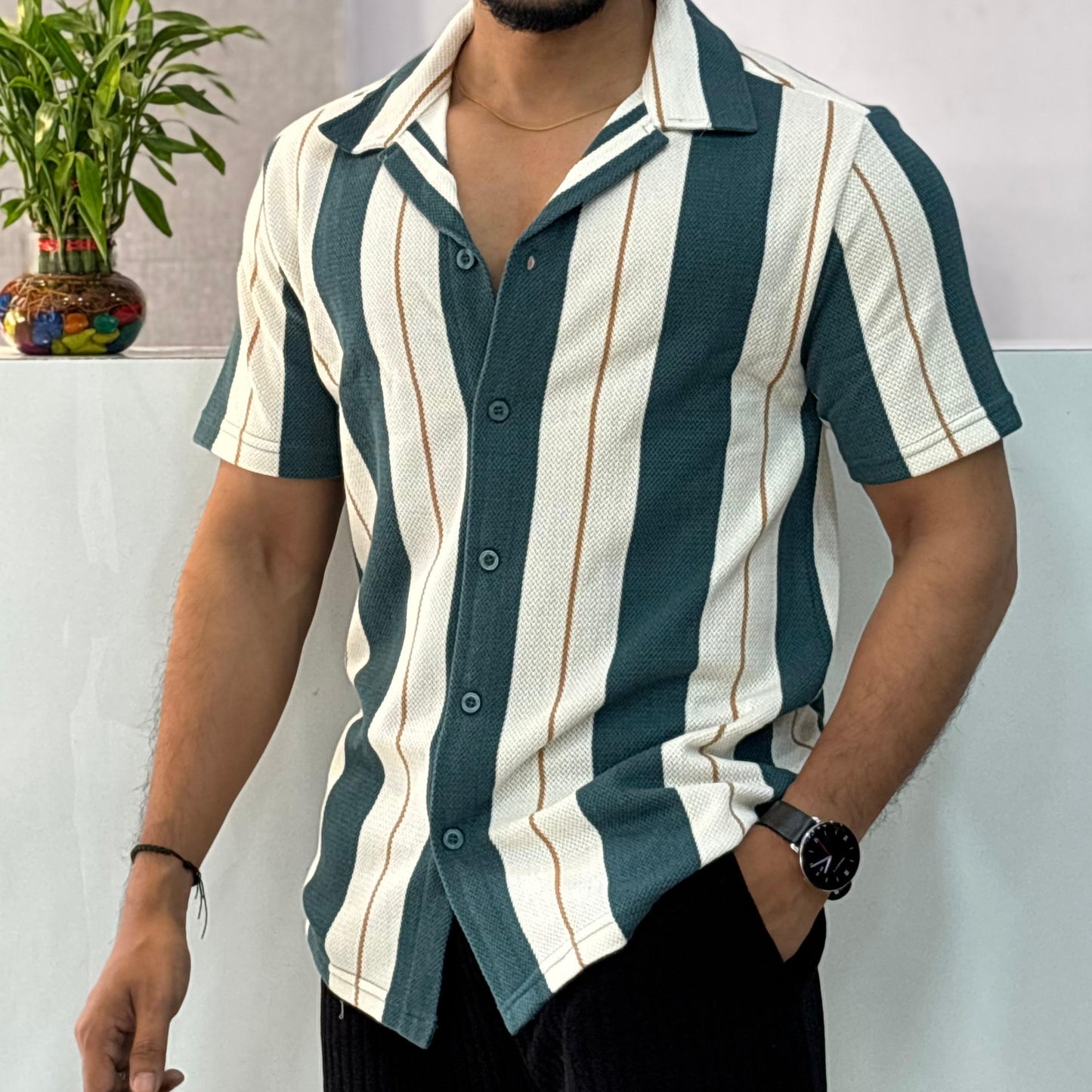 Cuban Collar Green Striped Half Shirt