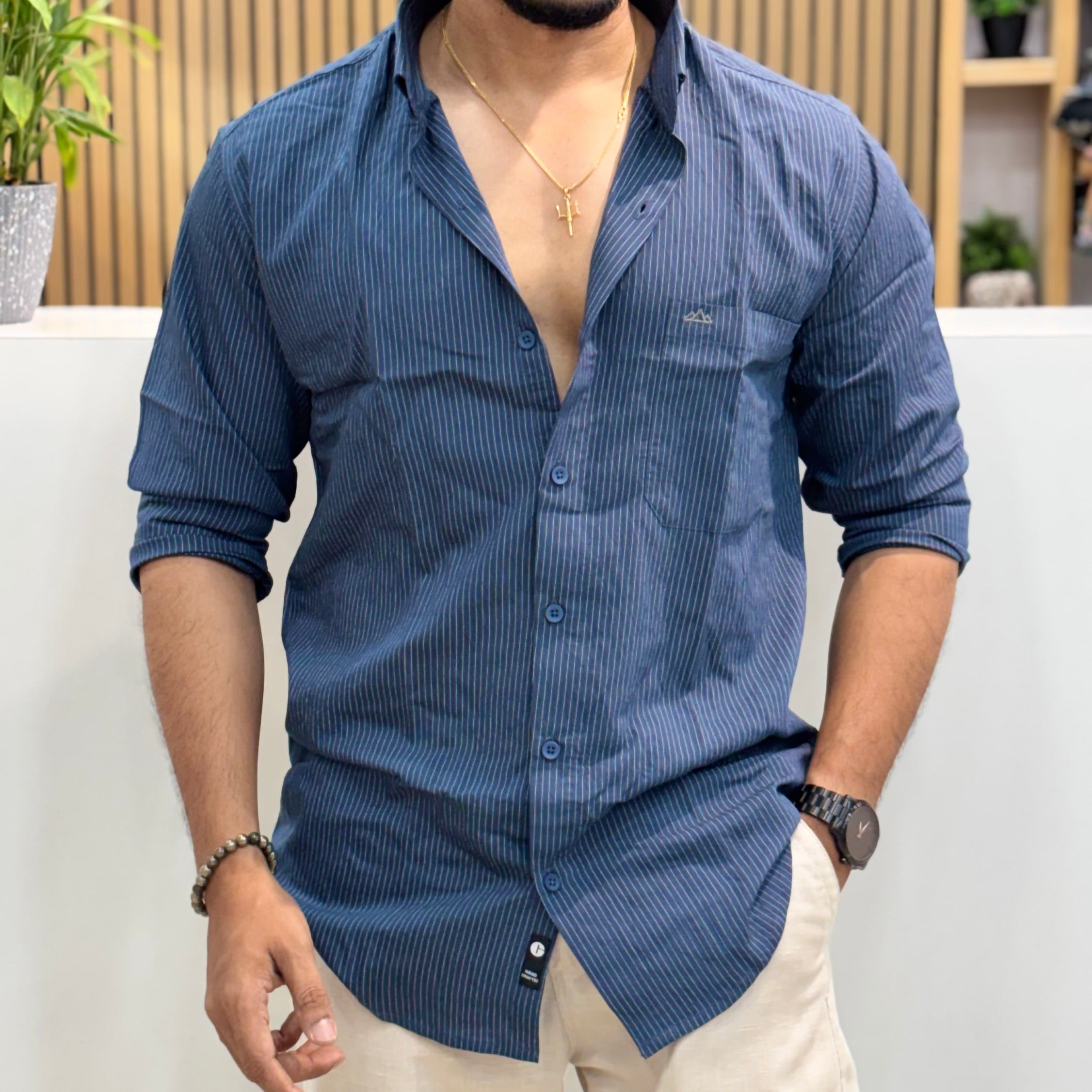 Classic Blue Vertical Stripe Shirt for Men