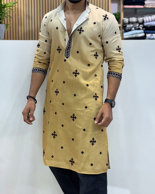 Premium Dual-Tone Embroidery Kurta Lemon