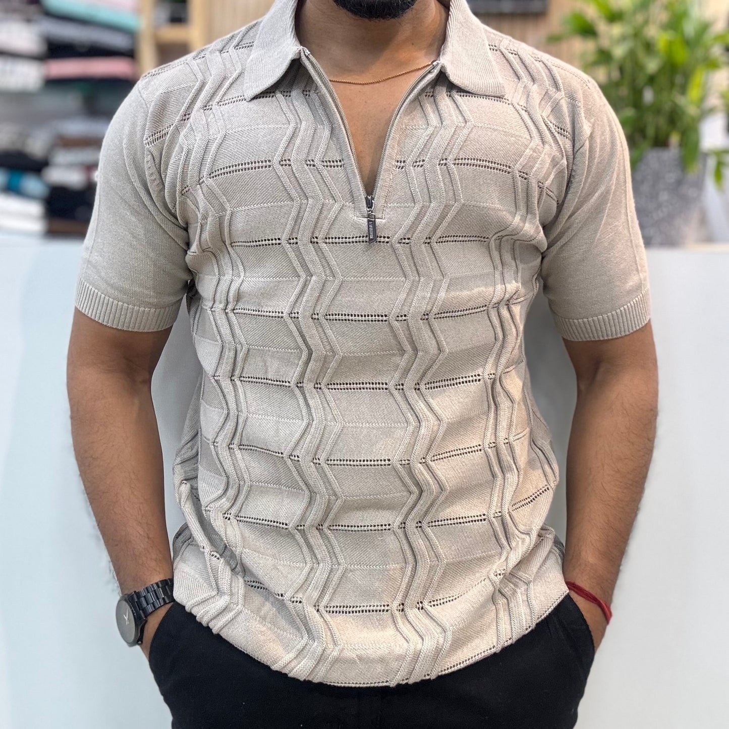 Polo Knit Zip T-shirt Grey