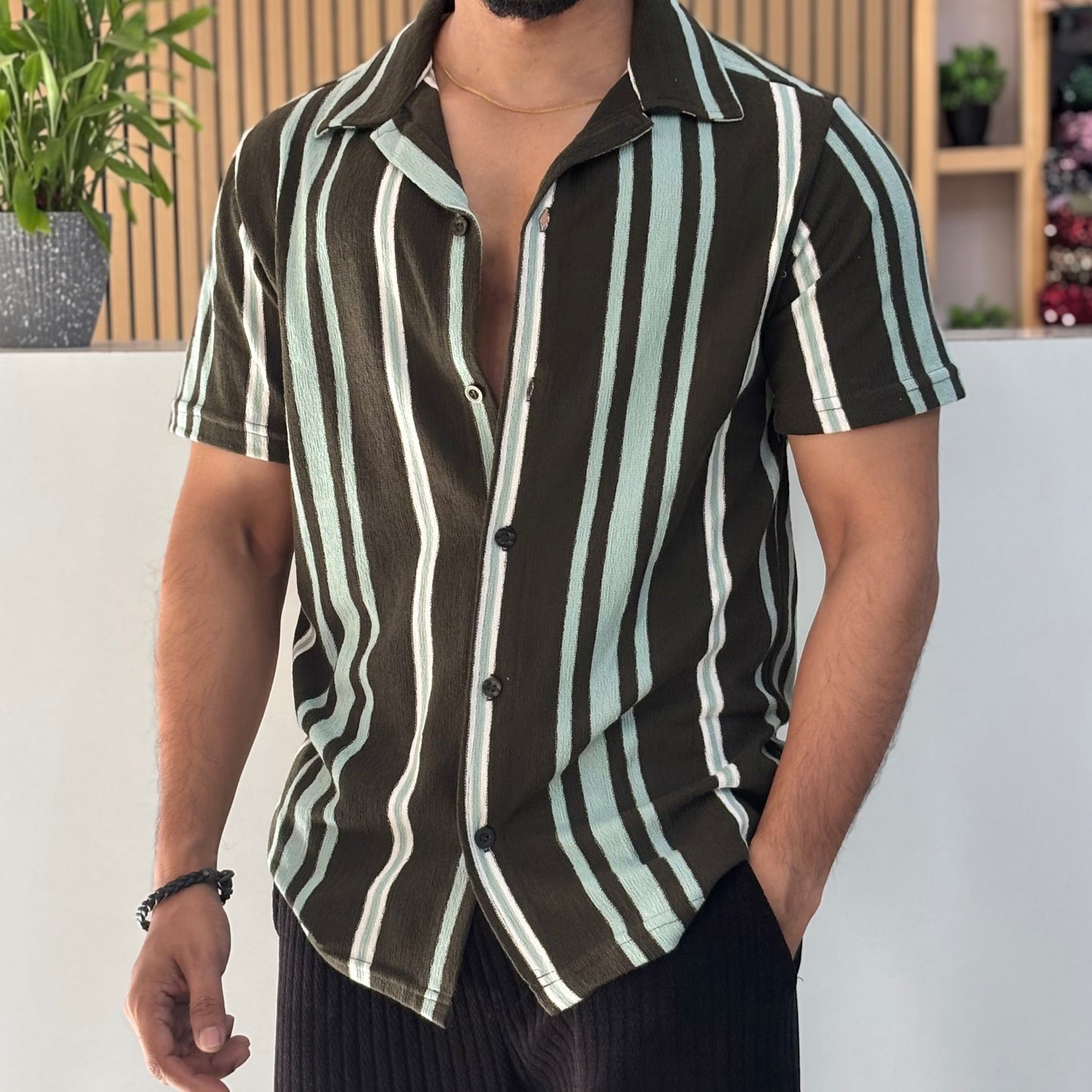 Green Striped Cuban Collar Half Sleeve Shirt