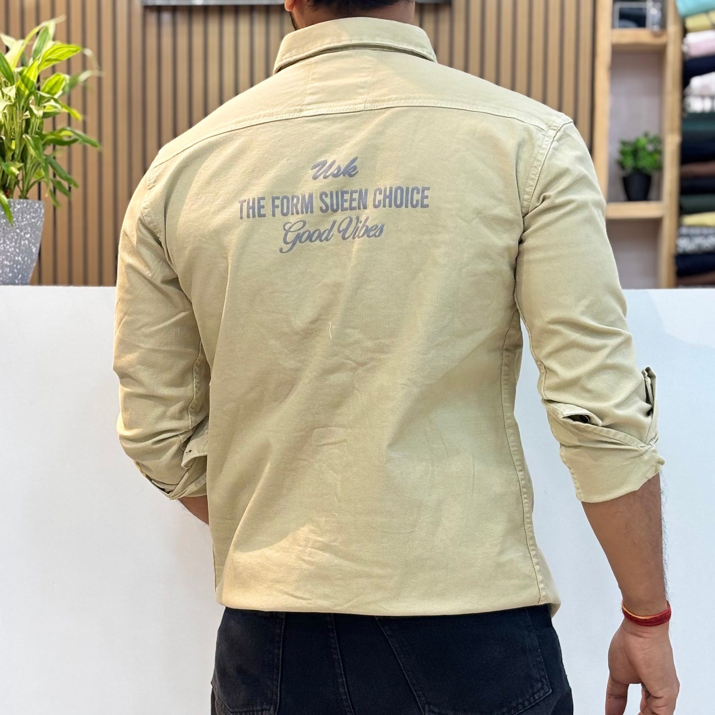 Warm Beige Double Pocket Back Print Shirt