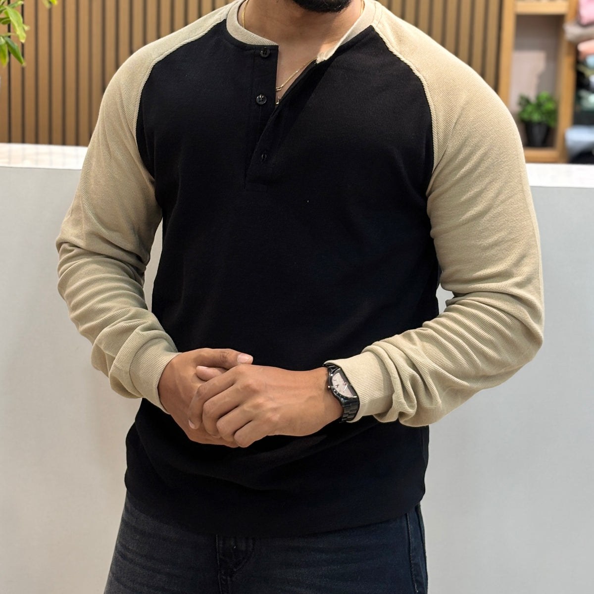 Raglan Ribbed Henley T-Shirt - Black & Beige