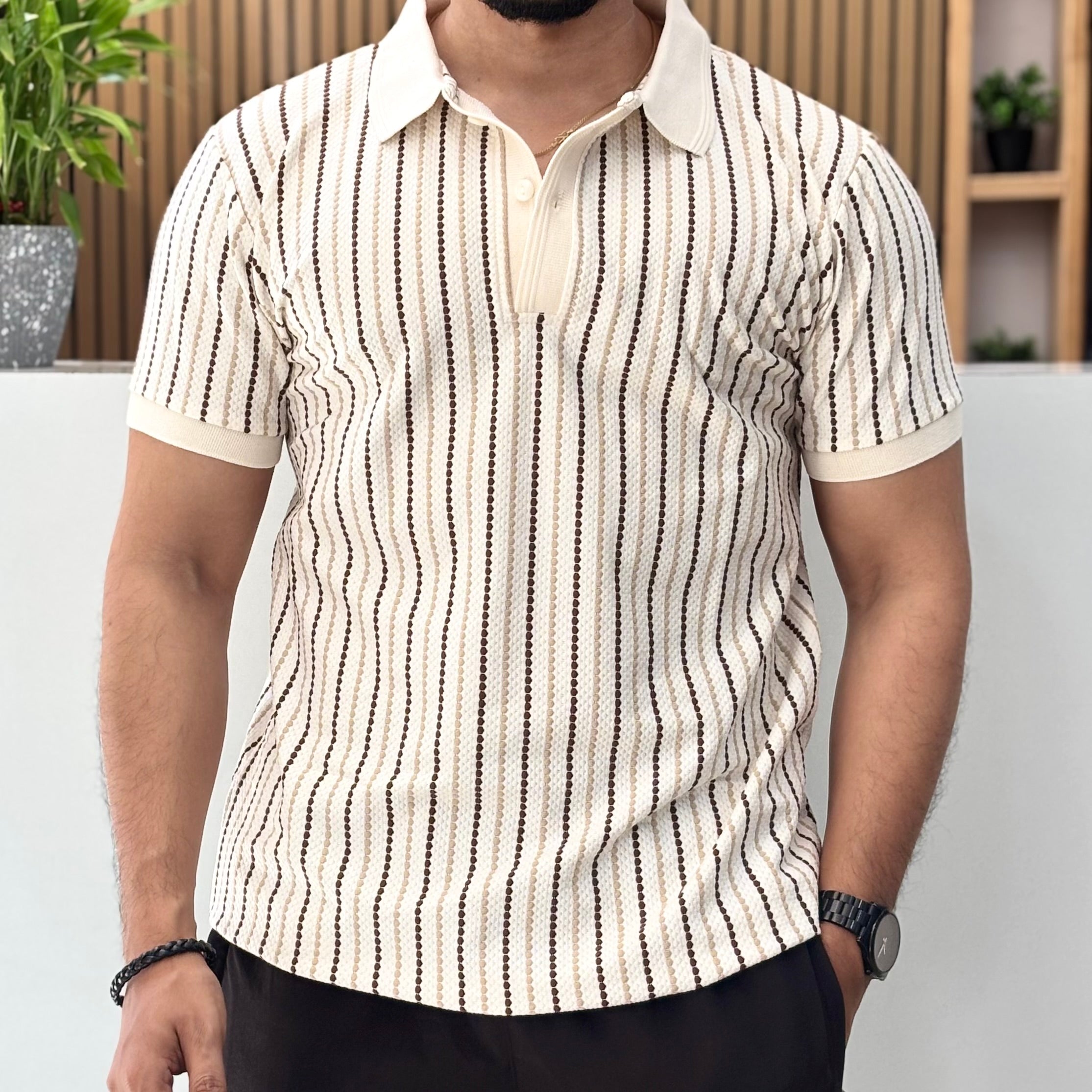 Textured Stripe Polo T-Shirt Brown & Cream