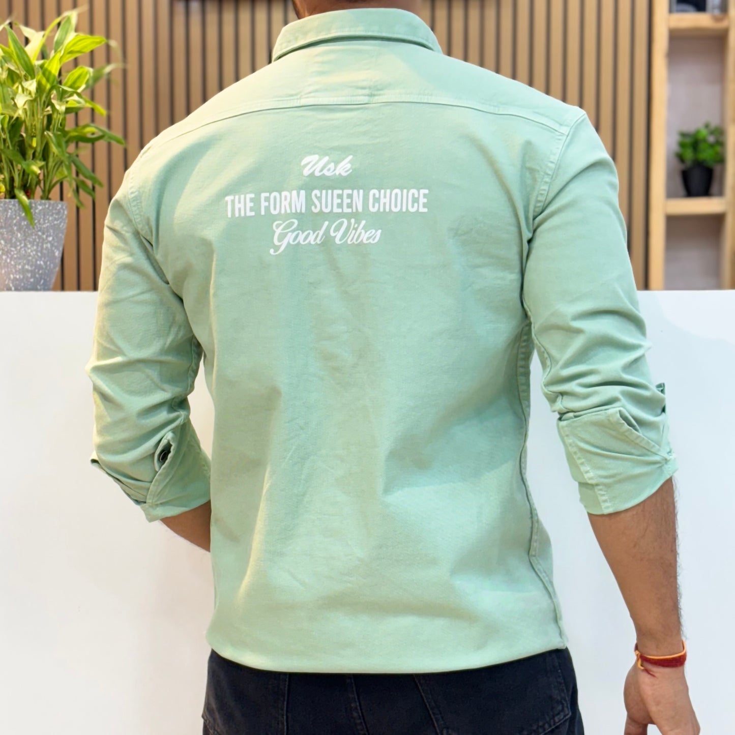 Sage Double Pocket Back Print Shirt
