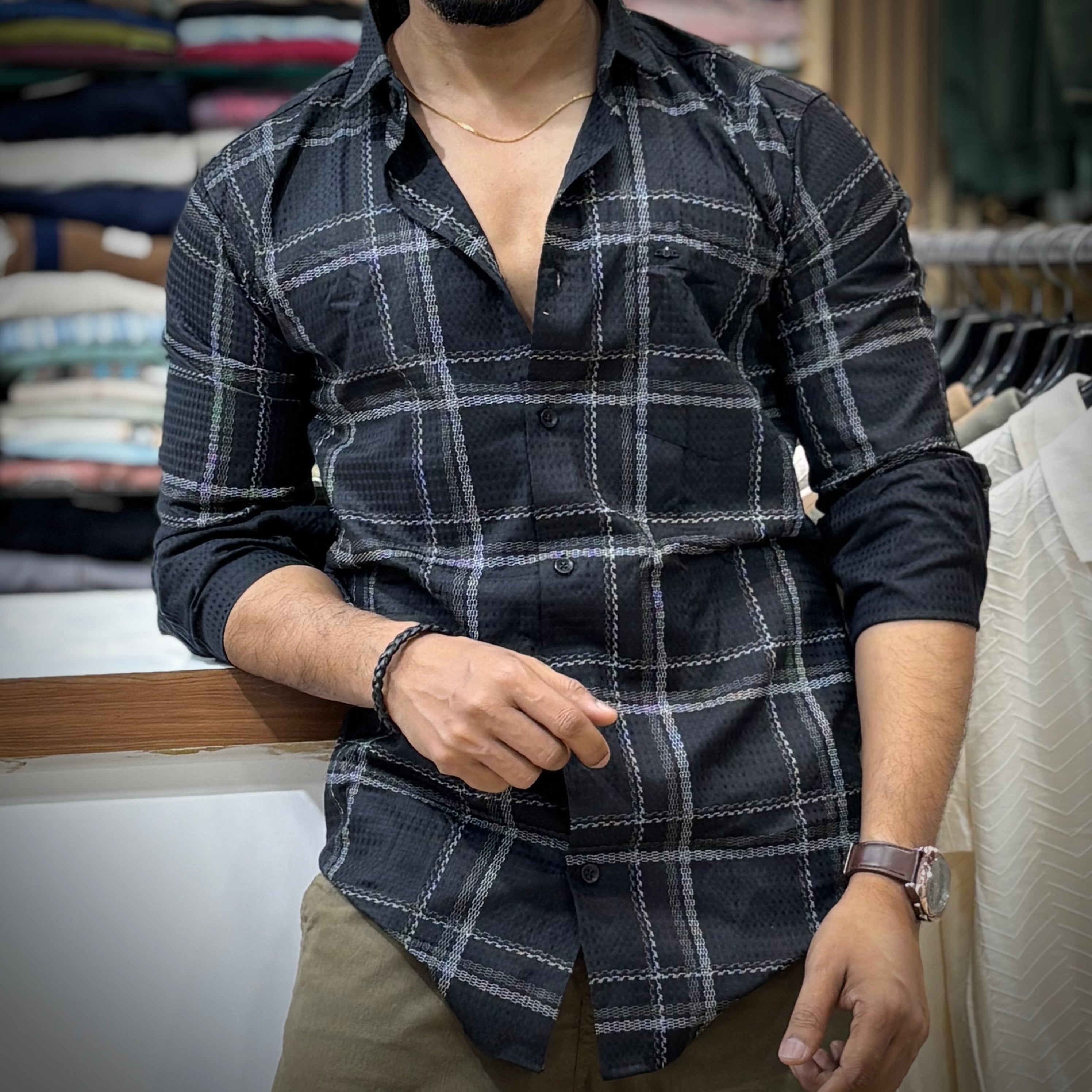 Self Texture Black Check Shirt