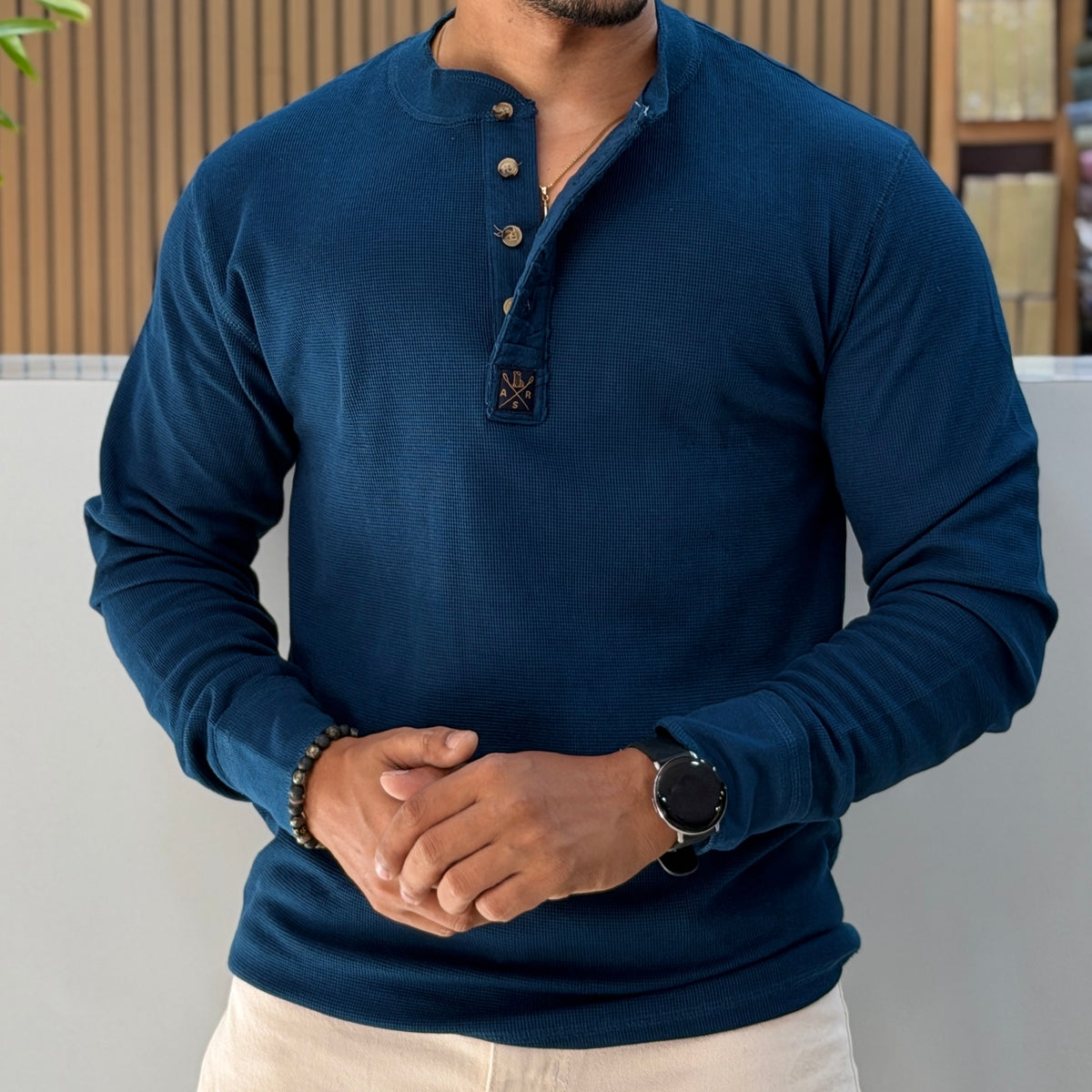 Henley Neck Regular Fit Pure Cotton T-shirt - Teal Blue