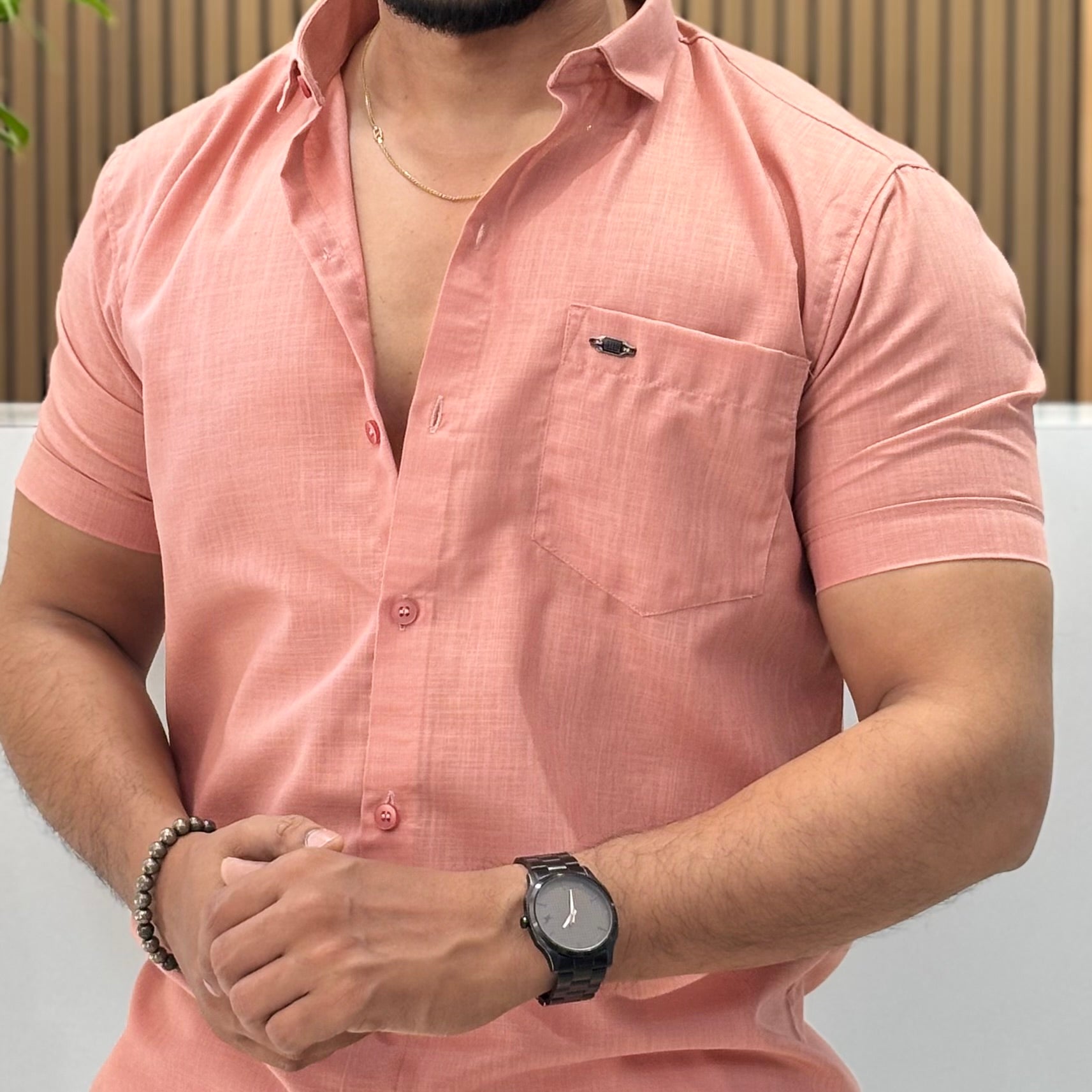 Half Sleeve Linen Blend Shirt Peach Pink