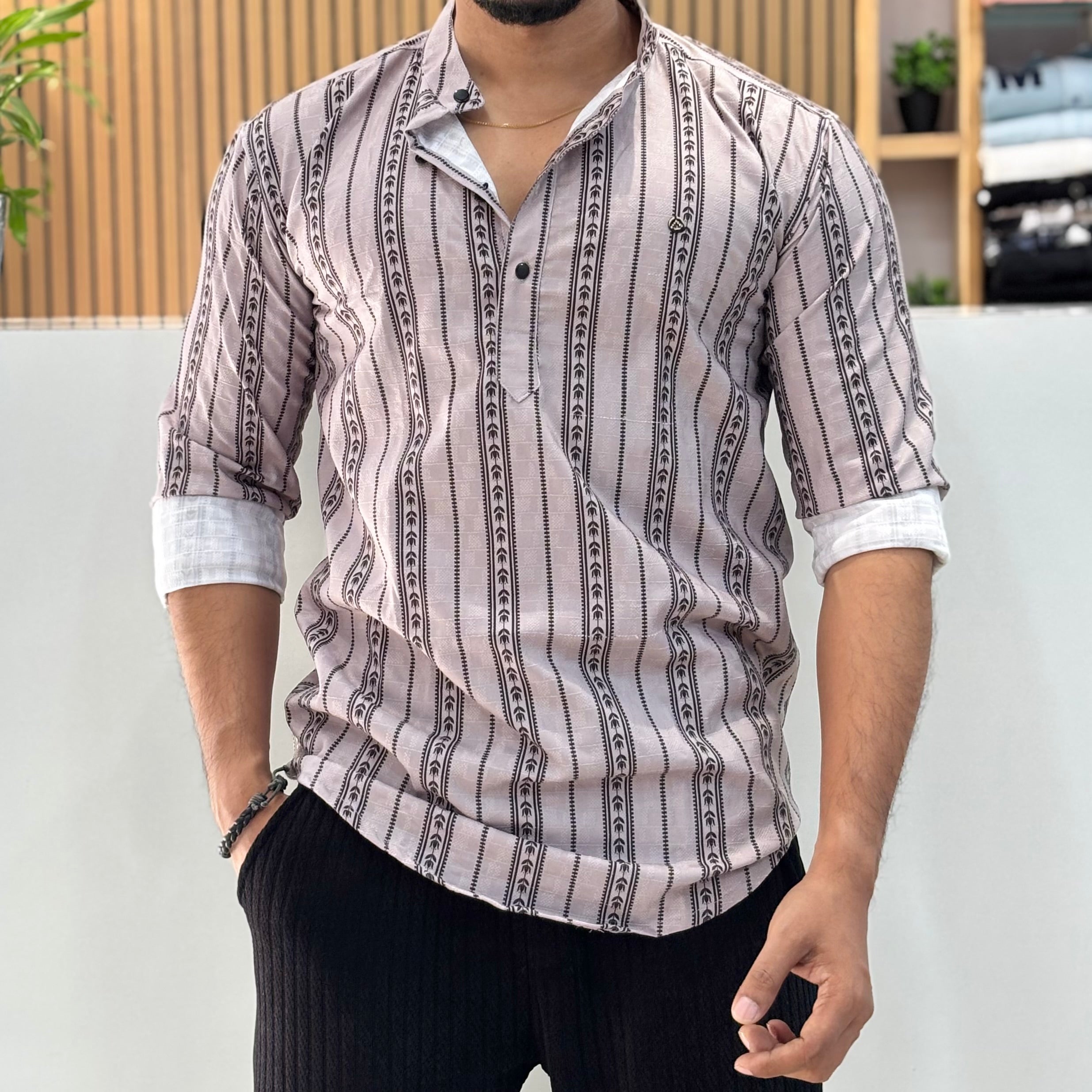 Digital Print Grey Stripe Short Kurta