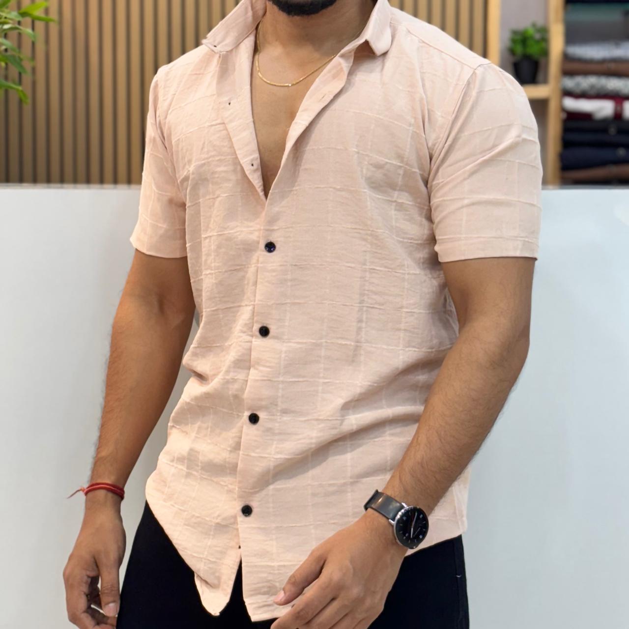 Linen Checks Half Sleeve Shirt Peach