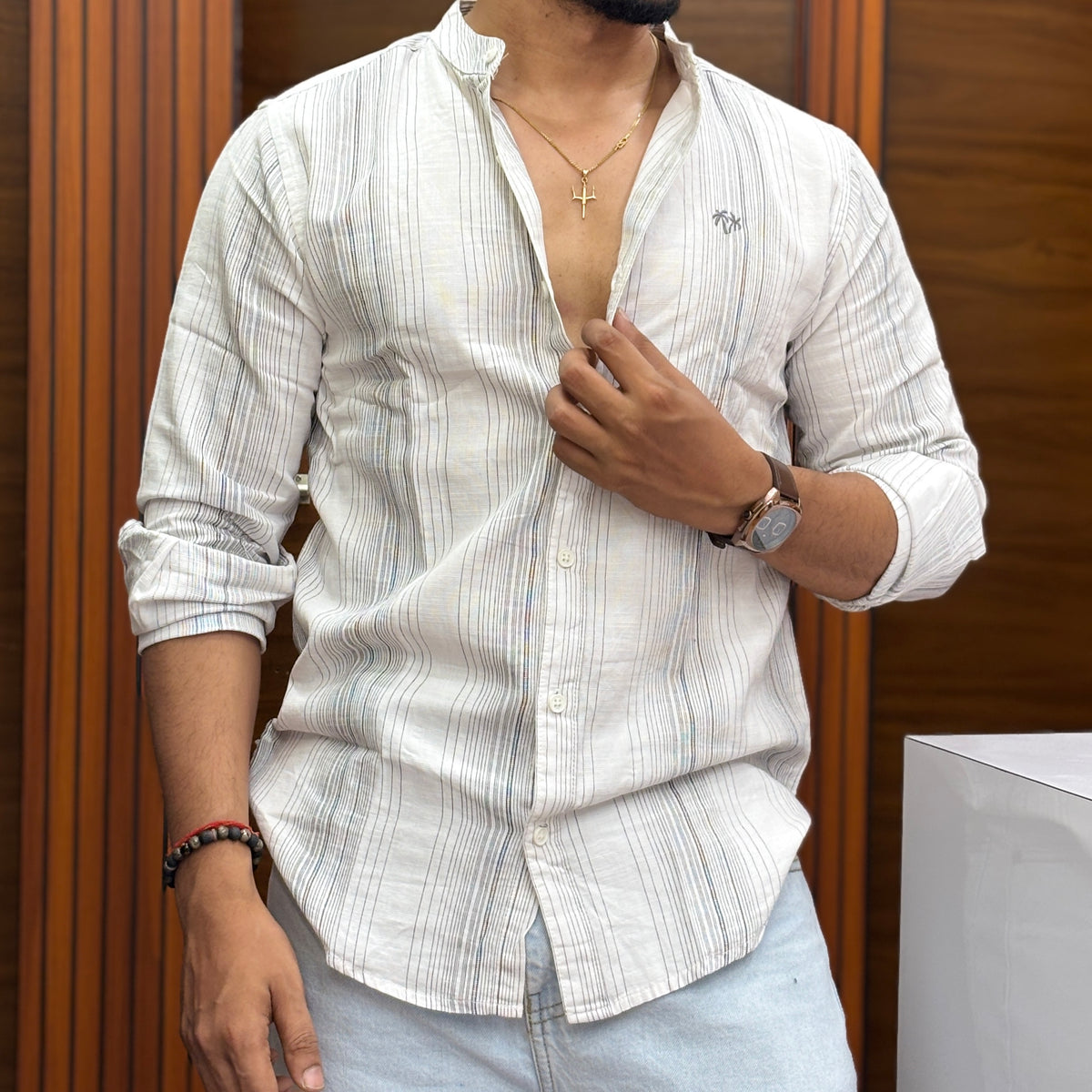 Classic Mandarin Collar Multistripe White Shirt