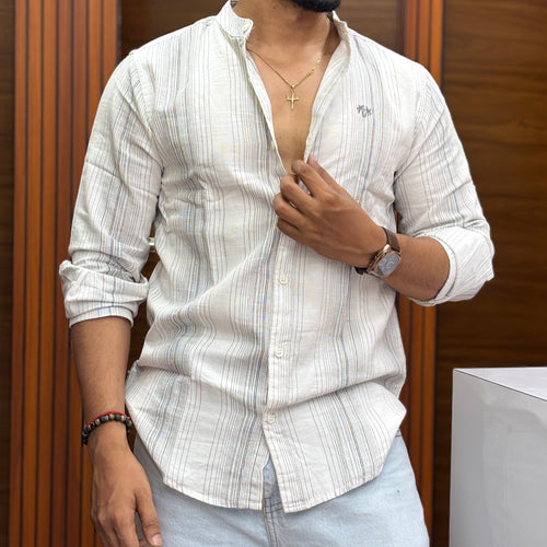 Classic Mandarin Collar Multistripe White Shirt