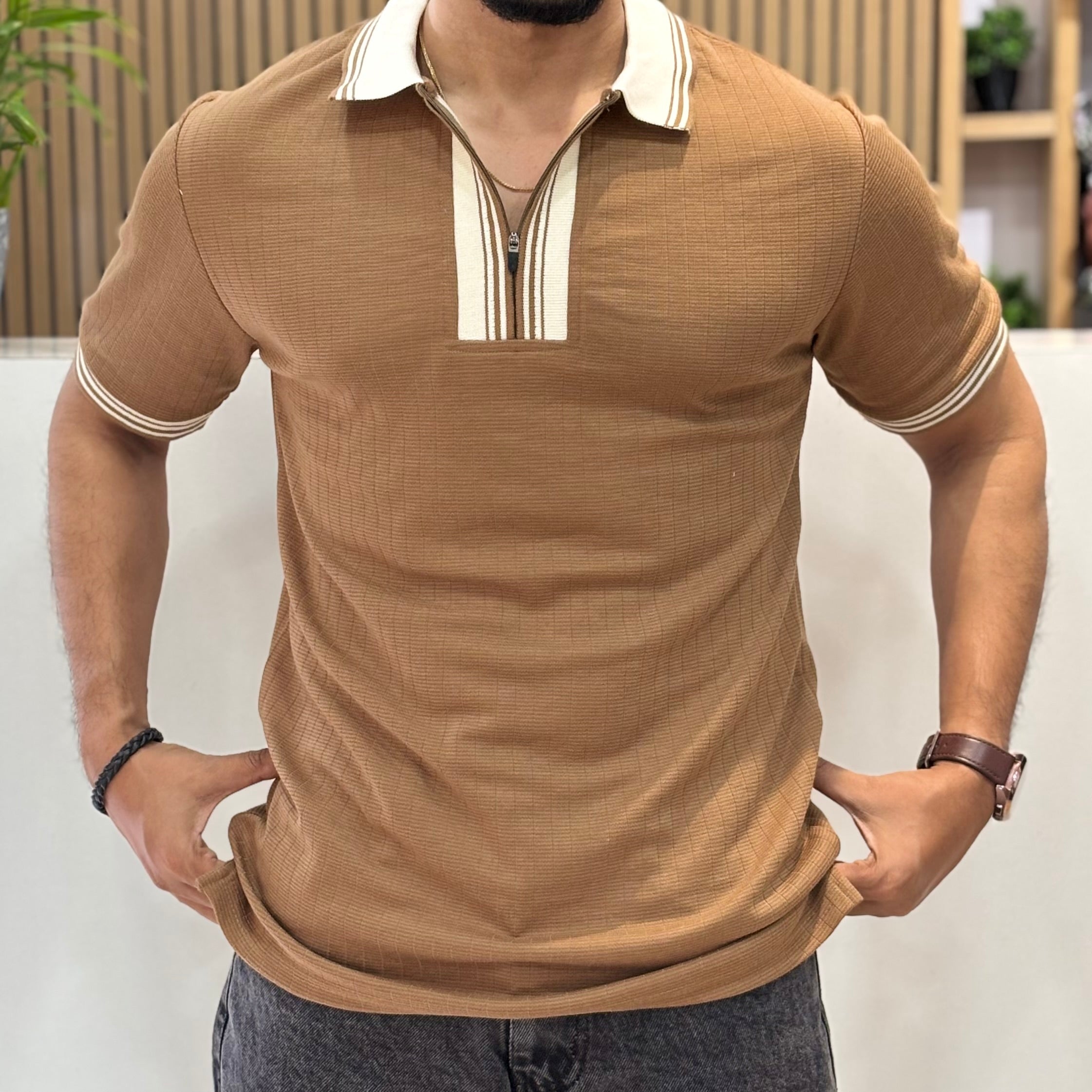 Premium Ribbed Polo T-Shirt - Warm Caramel