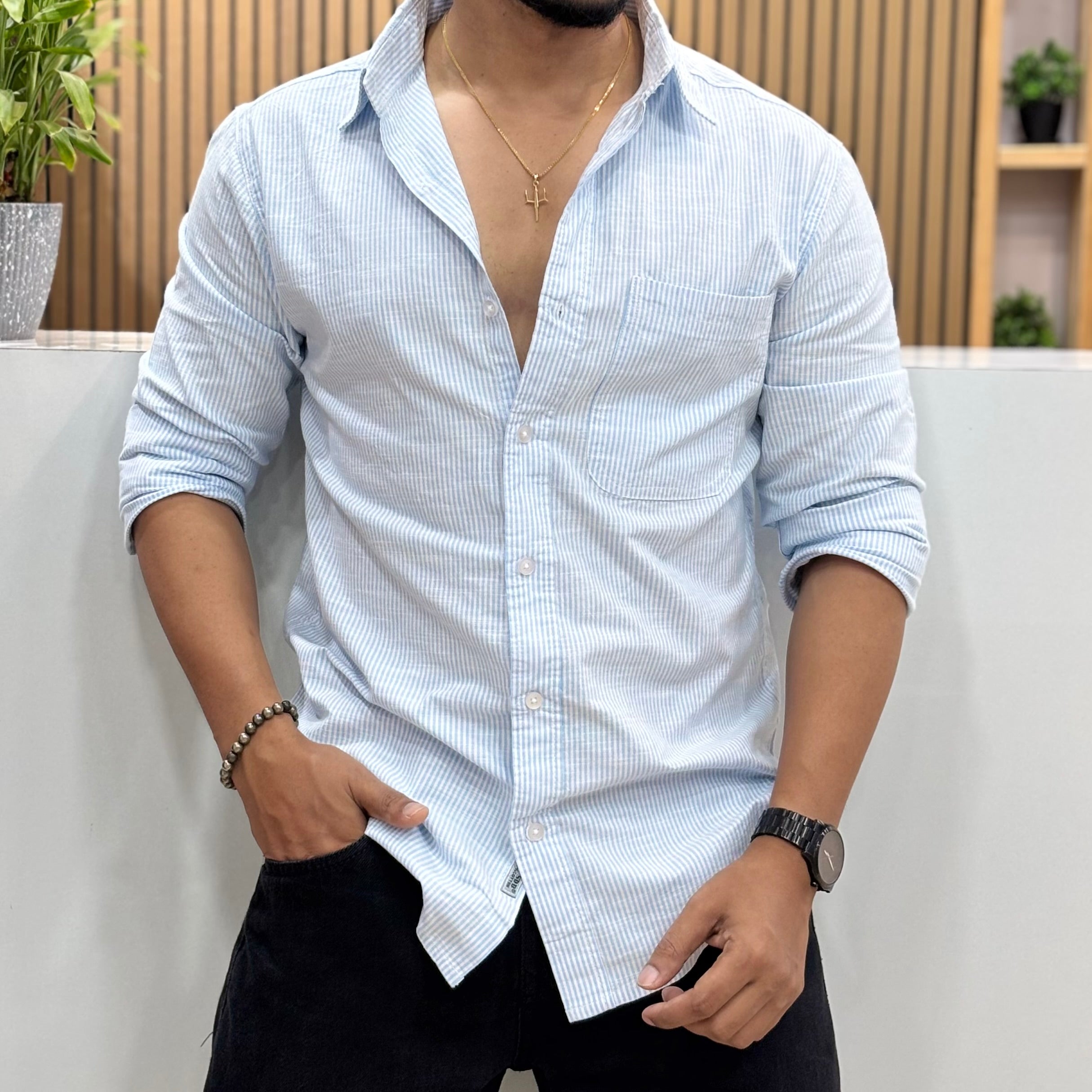 Micro Stripe Cotton Linen Shirt