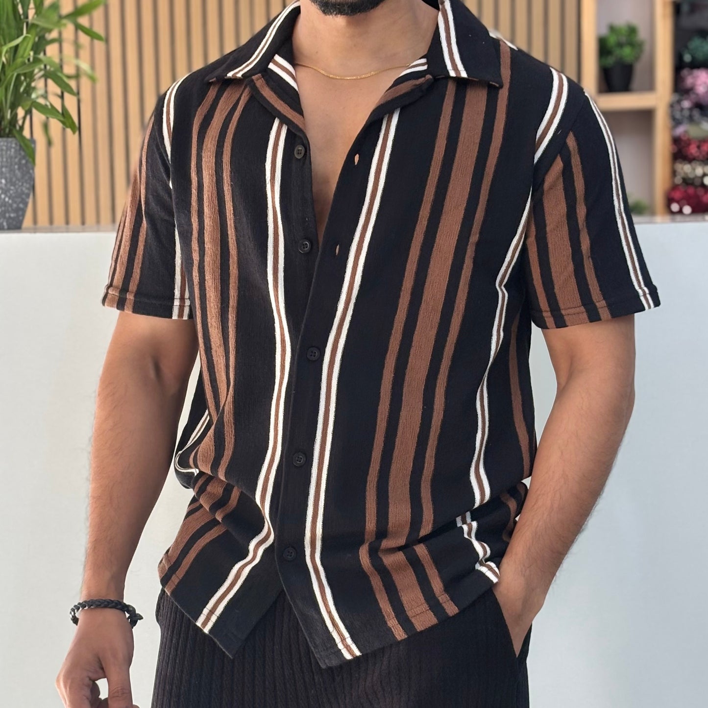 Brown & Black Striped Cuban Collar Half Sleeve Shirt