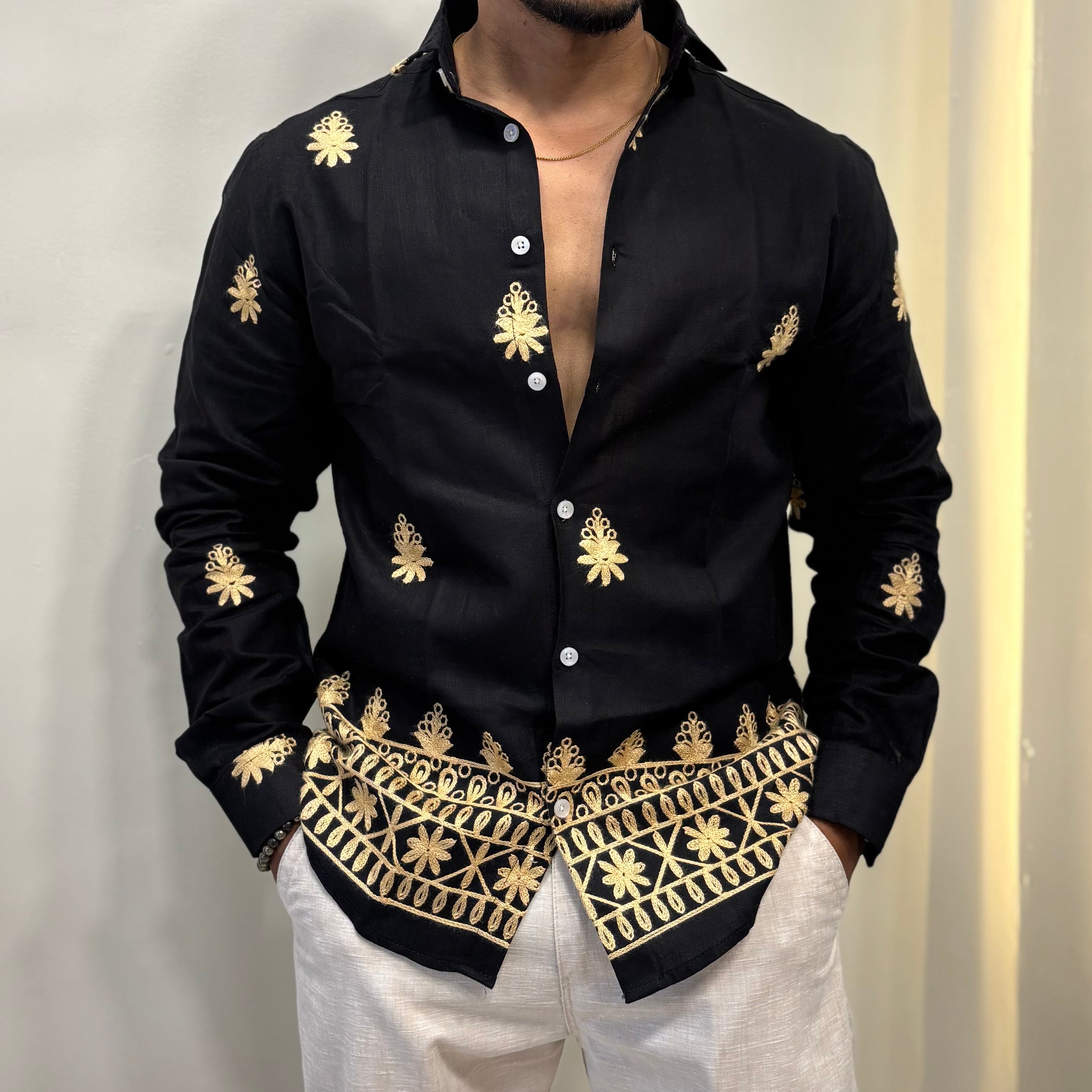 Linen Embroidery Shirt Black