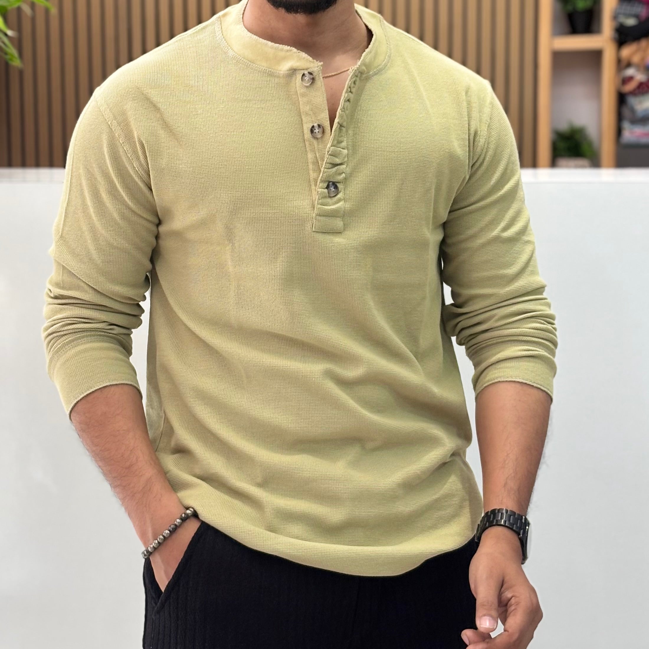 Henley Neck Regular Fit Pure Cotton T-shirt - Pistachio