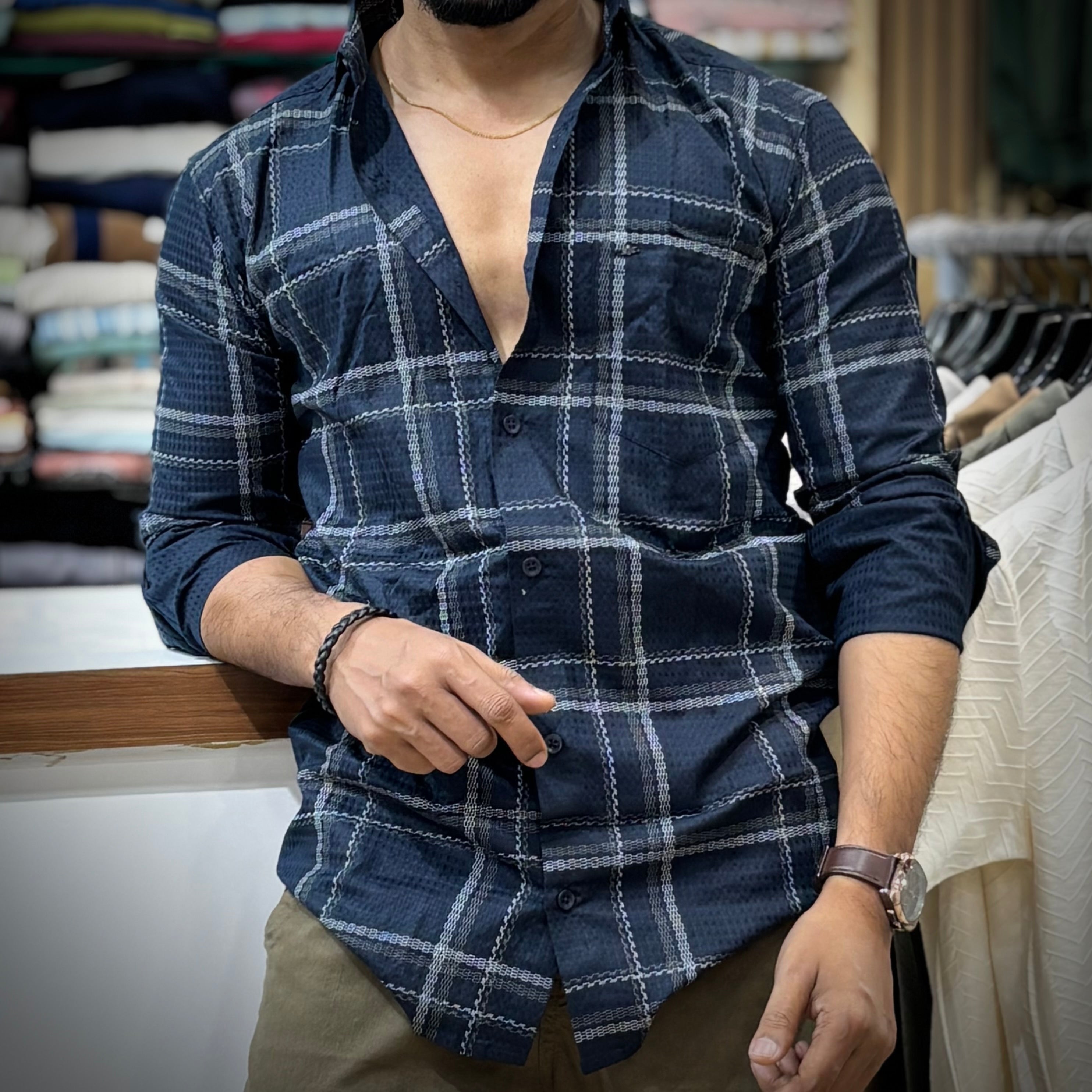 Self Texture Blue Check Shirt