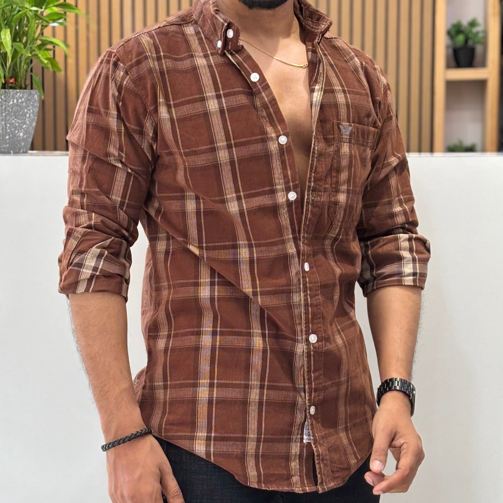 Rust Brown Corduroy Check Casual Shirt