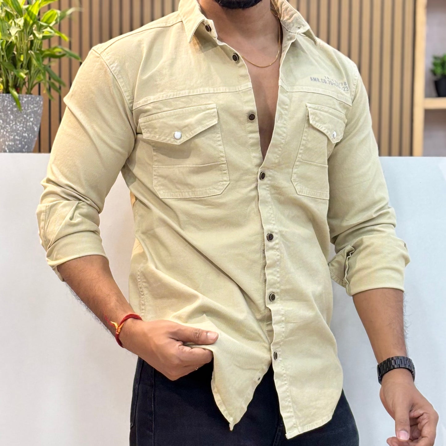 Warm Beige Double Pocket Back Print Shirt