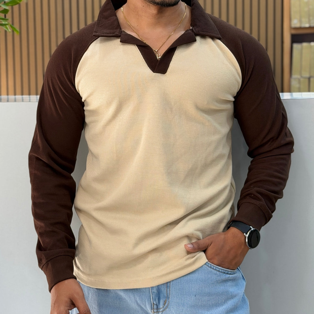 Contrast Collar Polo T-Shirt - Cream