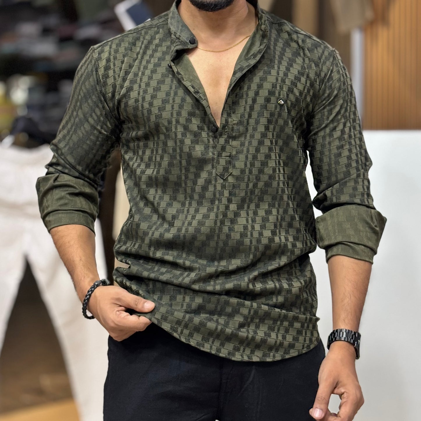 Green Self Texture Short Kurta