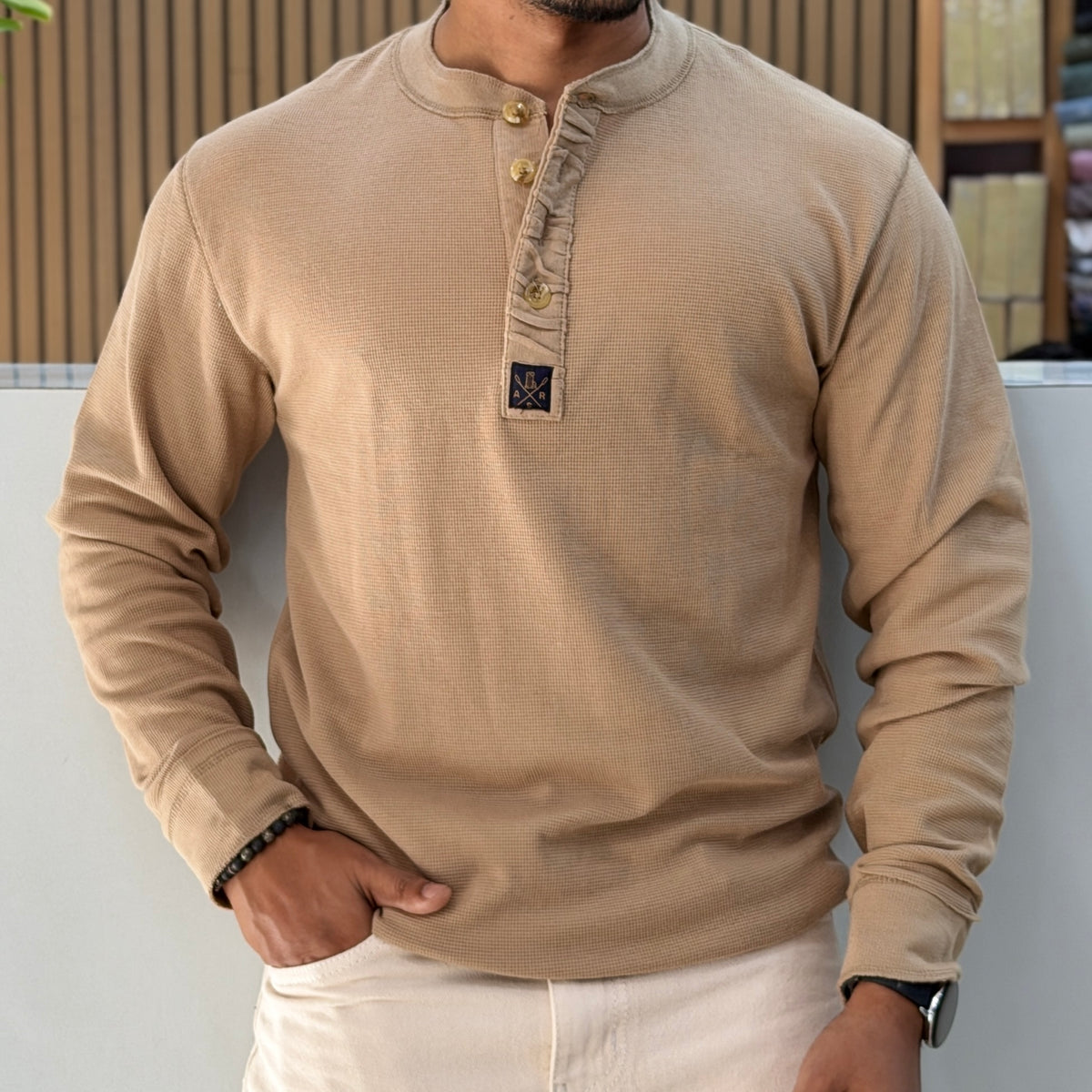 Henley Neck Regular Fit Pure Cotton T-shirt - Badge
