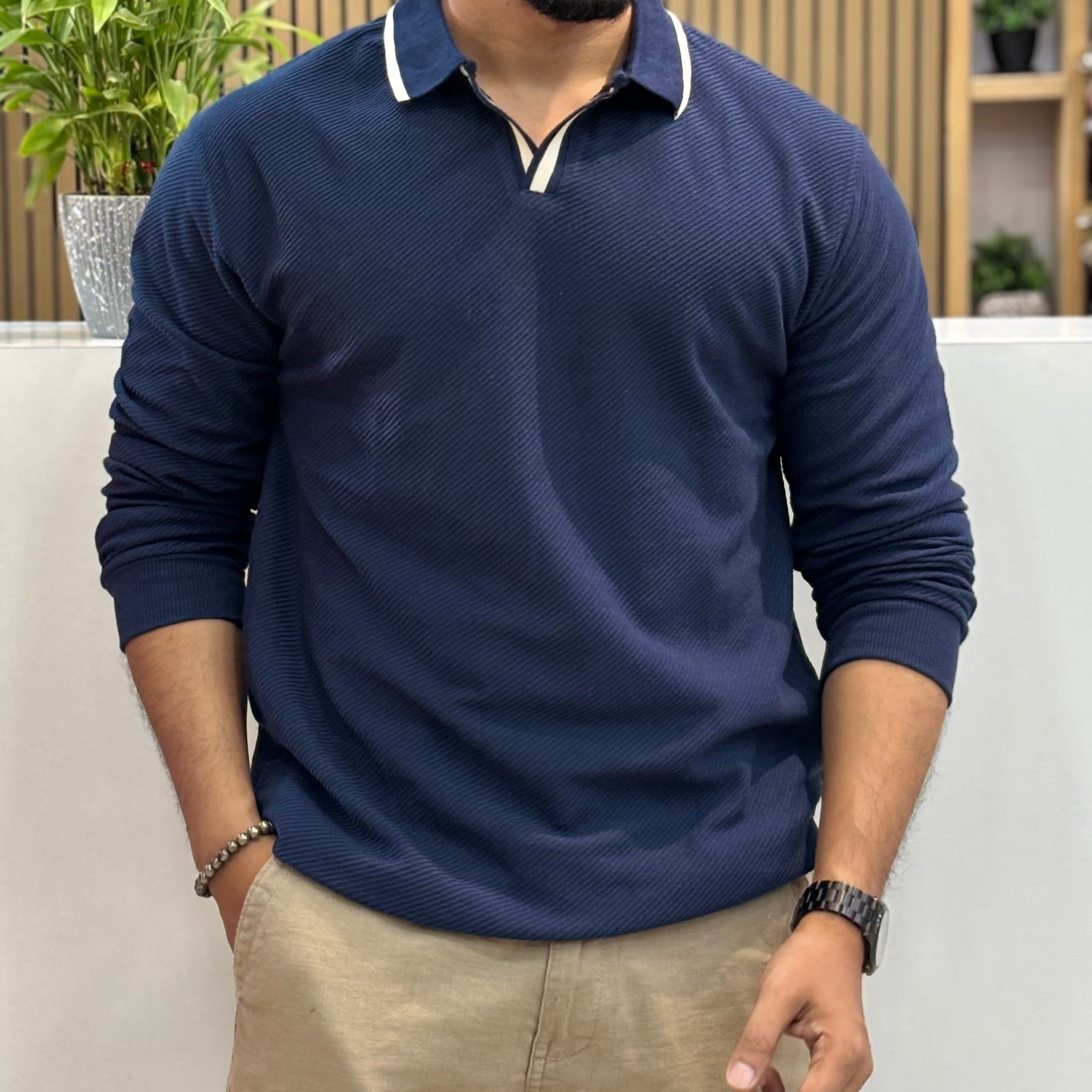 Textured Open-Placket Polo T-shirt