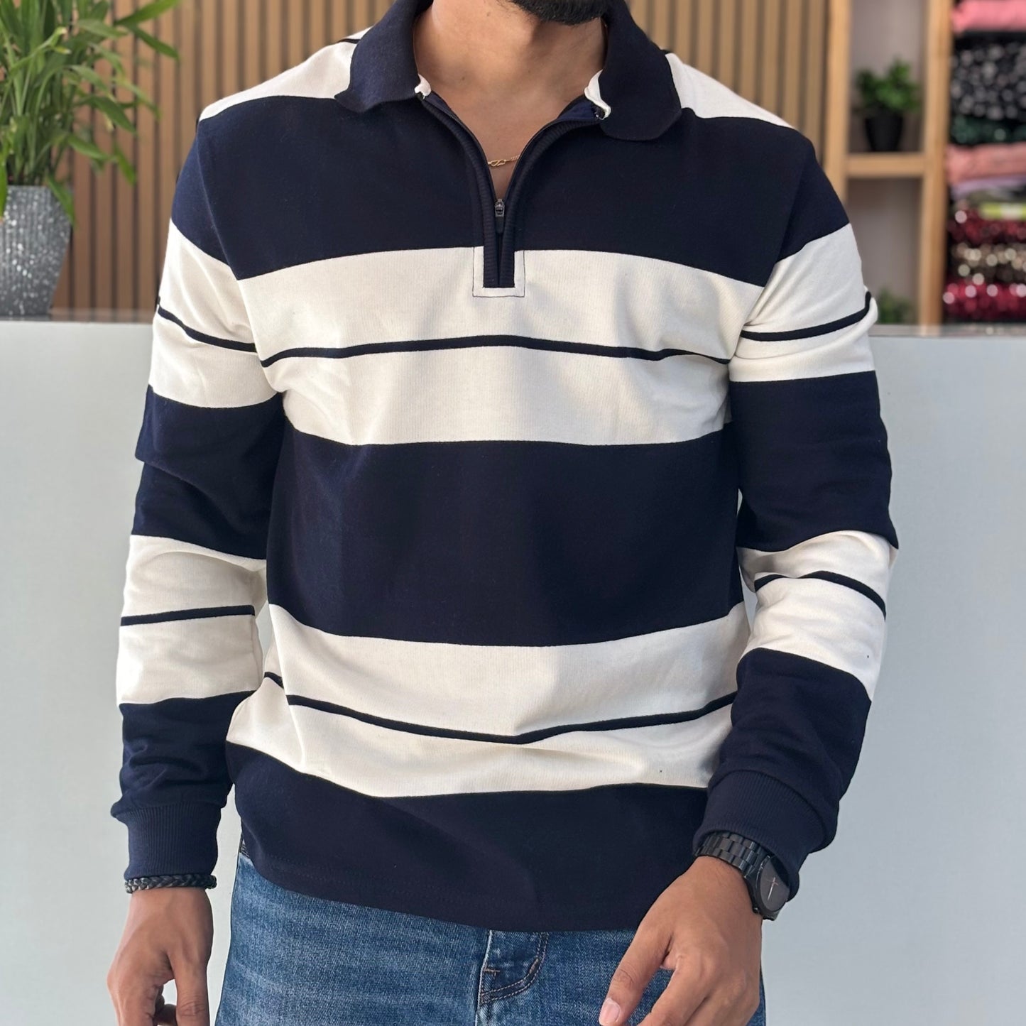 Striped Polo Collar Cotton T-shirt Navy Blue