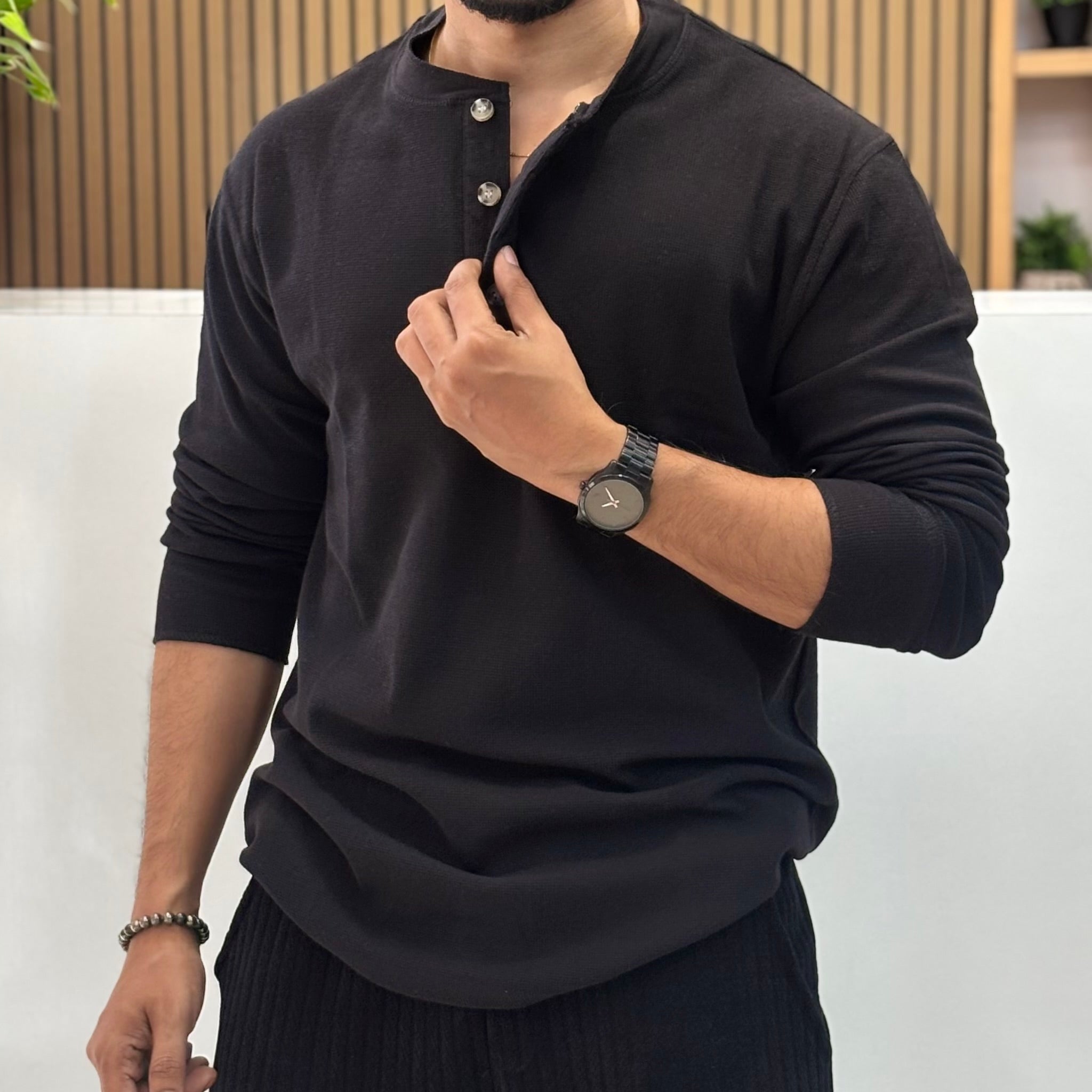 Henley Neck Regular Fit Pure Cotton T-shirt - Black
