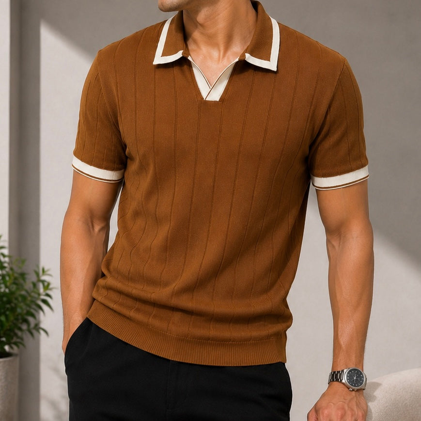Ribbed Knit Contrast Collar T-Shirt