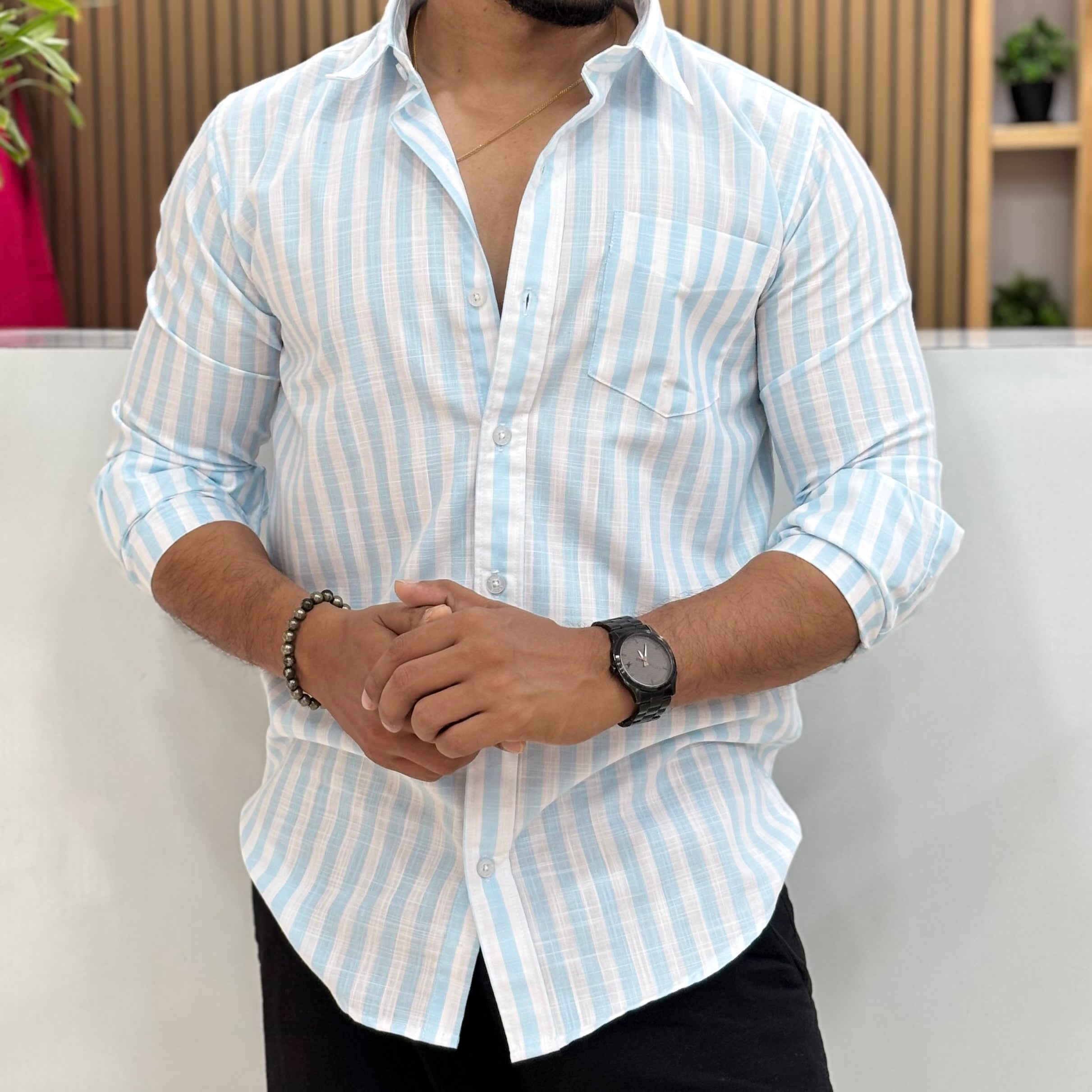 Premium Stripe Cotton Shirt - Sky Blue