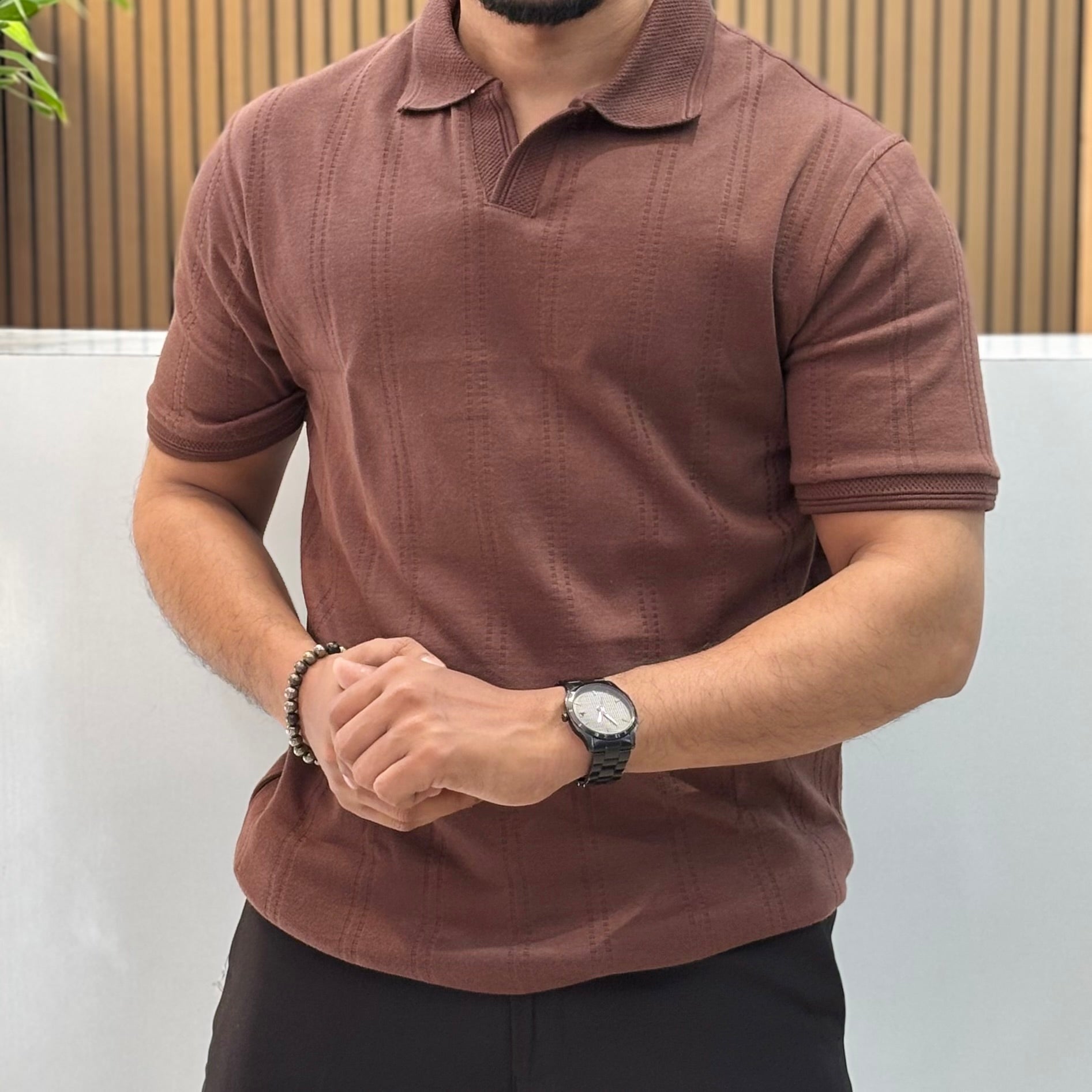 Premium Textured Polo T-Shirt - Brown