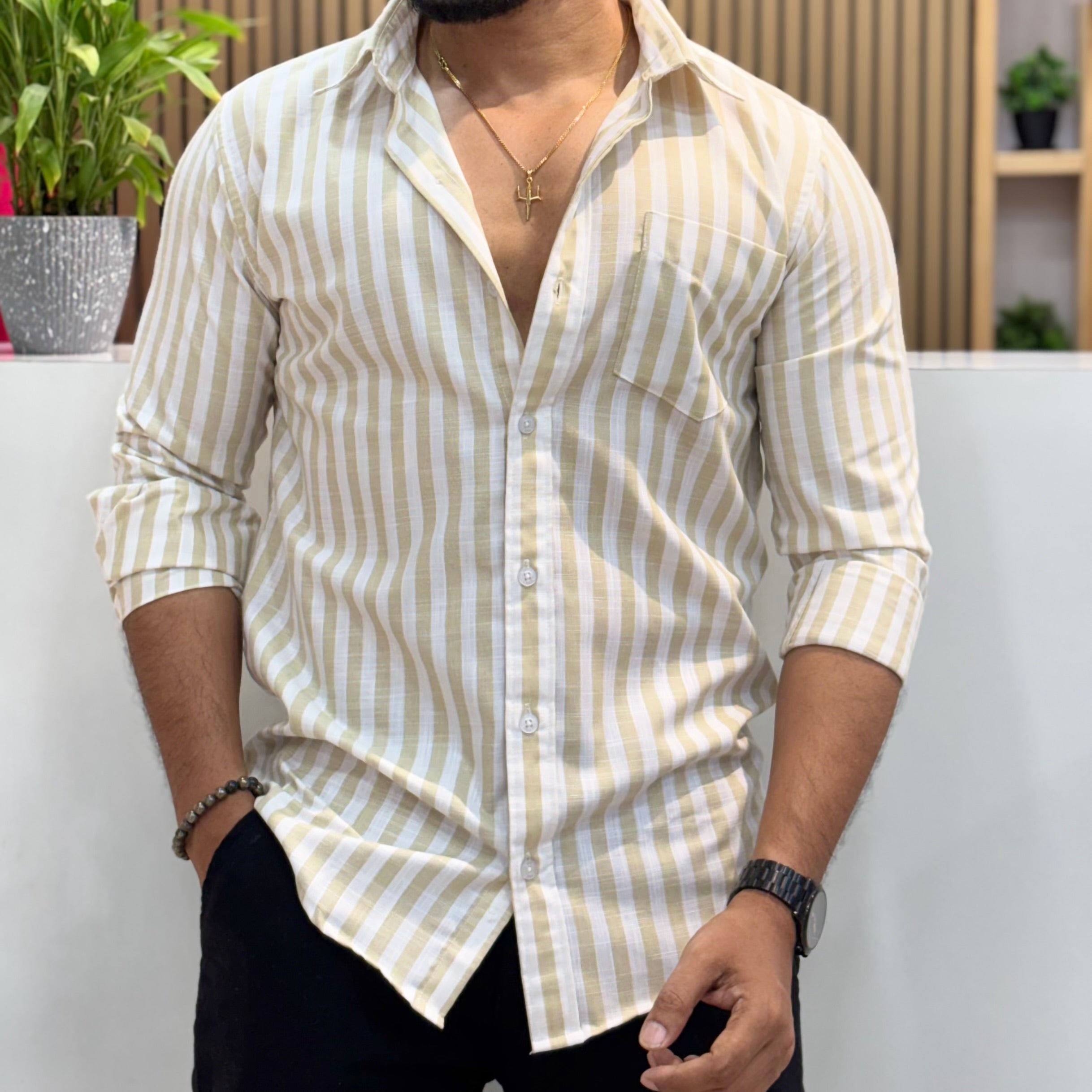 Premium Stripe Cotton Shirt - Beige