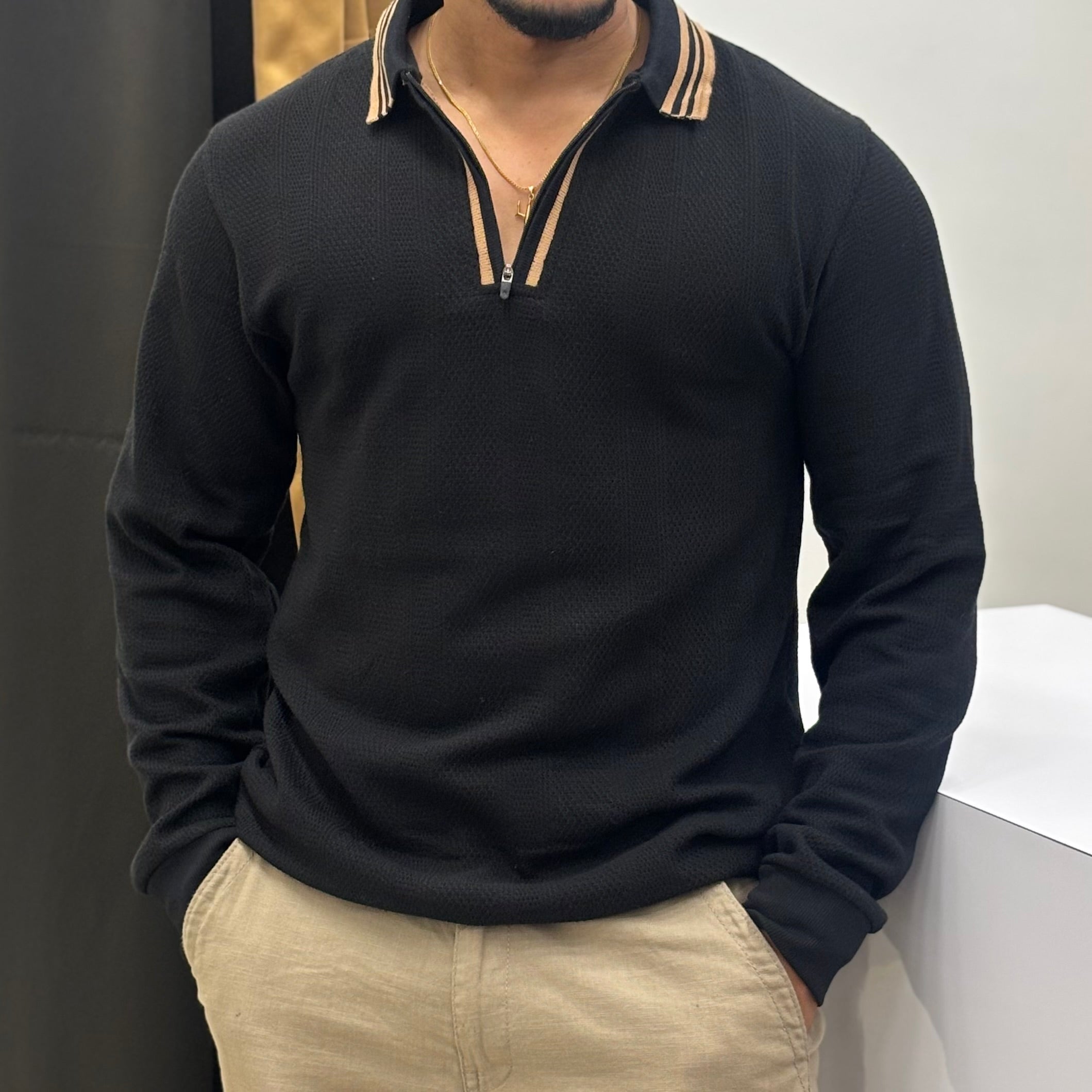 Premium Textured Long Sleeve Polo T-Shirt