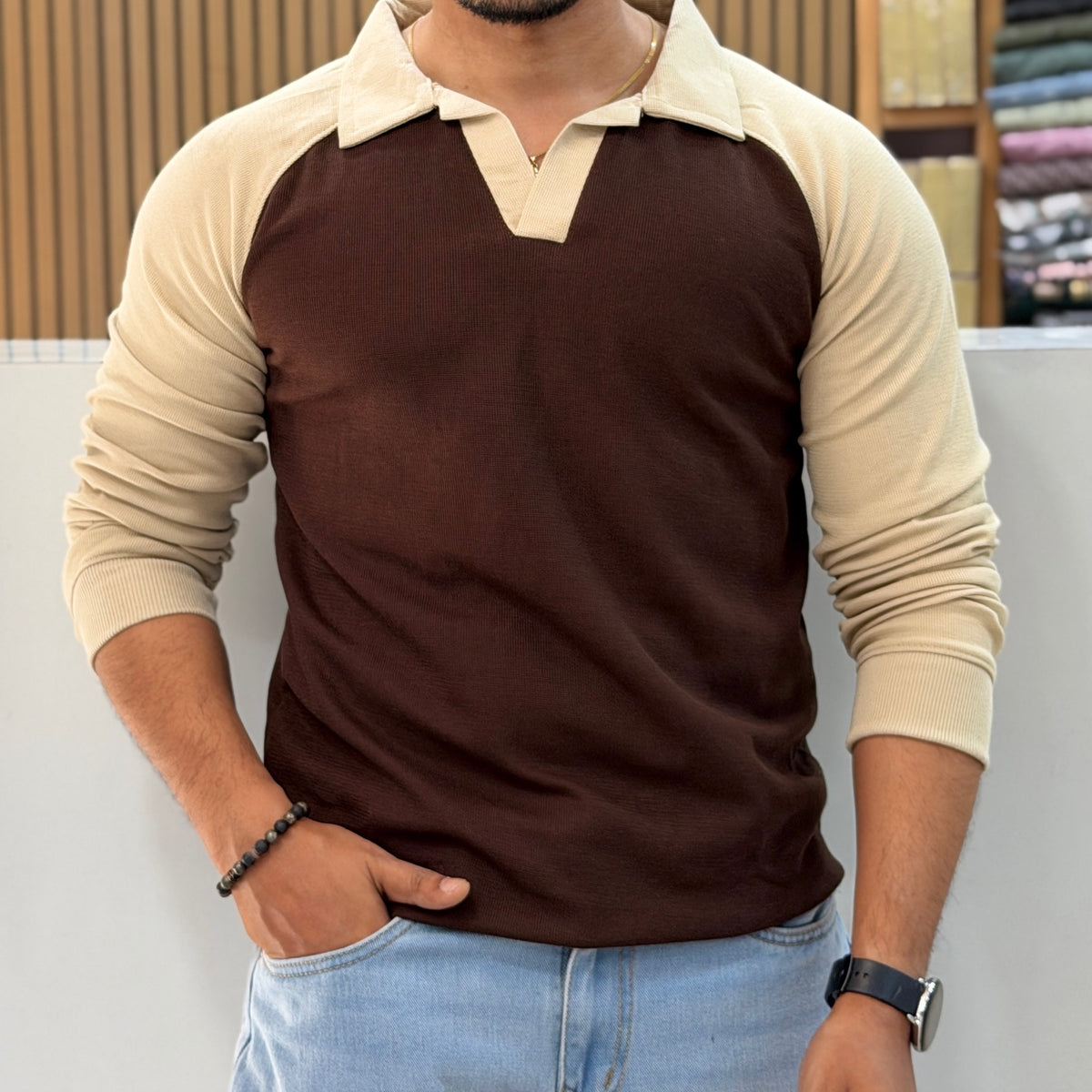 Contrast Collar Polo T-Shirt - Brown